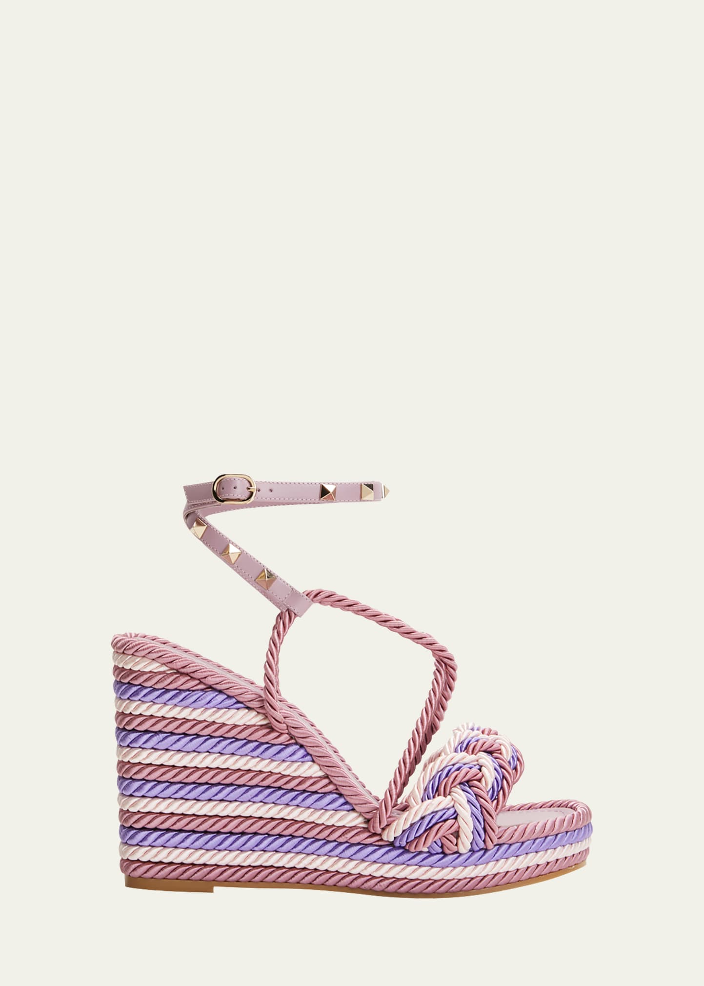 Valentino Garavani Rockstud Woven-Cord Wedge Espadrille Sandals