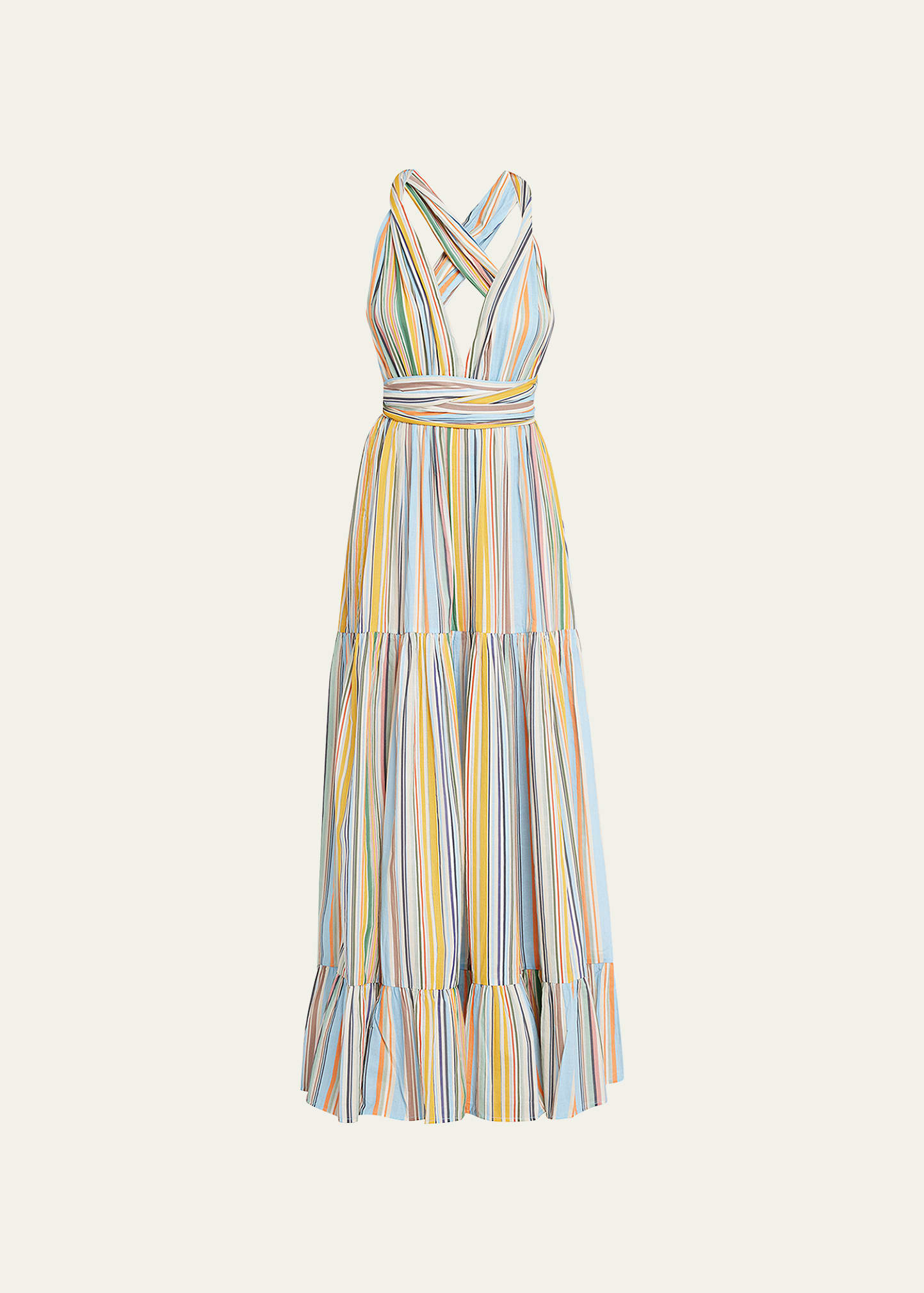 Chloe Striped Chiffon Convertible Strap Maxi Dress