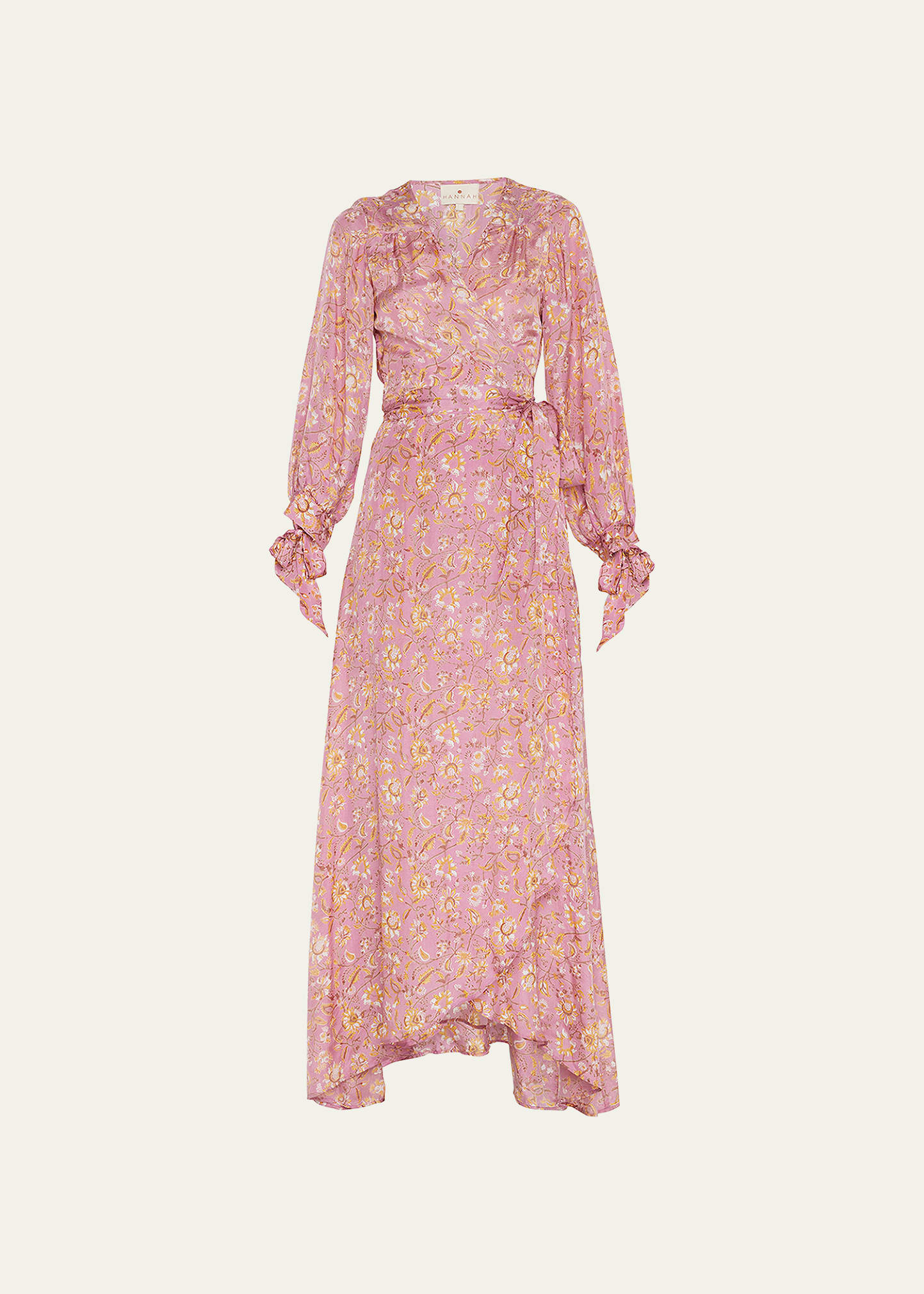 Hannah Artwear Luna Floral Silk Tie-Cuff Maxi Wrap Dress
