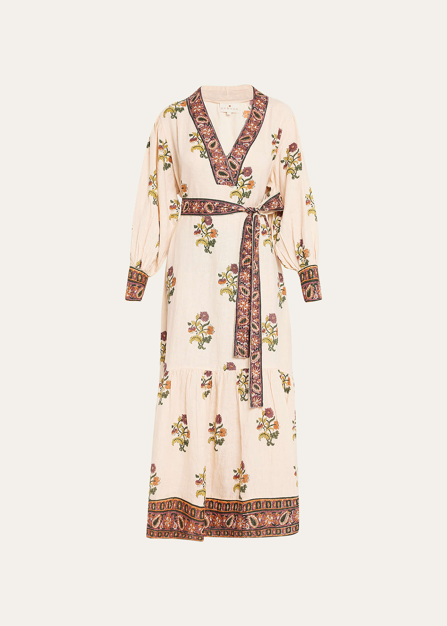 Kiya Tie-Belt Printed Linen Maxi Dress