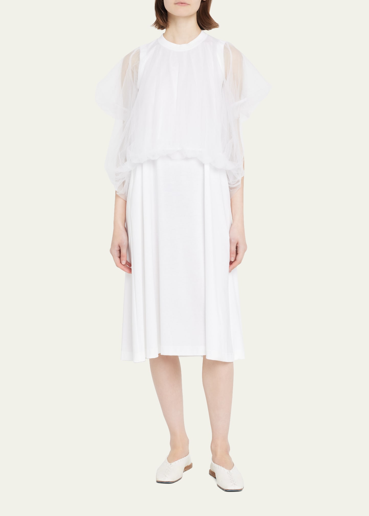 Noir Kei Ninomiya Gathered-waist Cotton And Tulle Sleeveless Dress In White