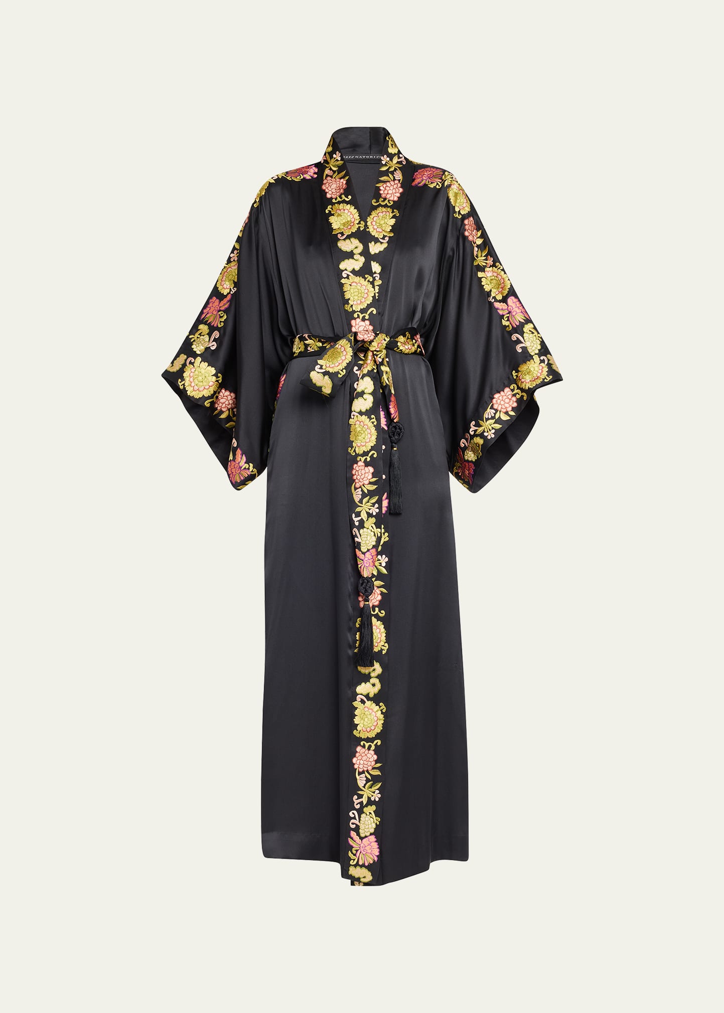Josie Natori Yasugi Embroidered-Trim Silk Robe