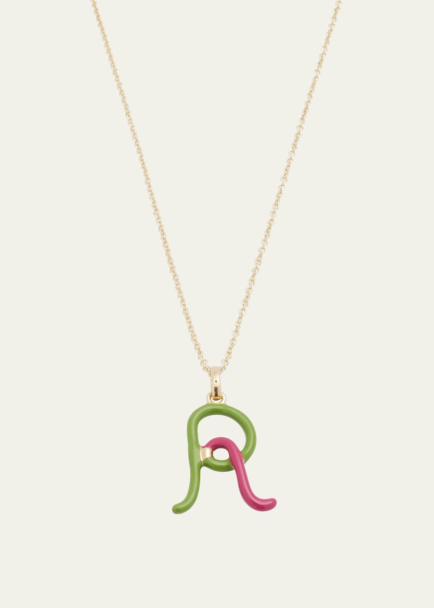 BEA BONGIASCA LETTER R PENDANT NECKLACE WITH DUO COLOUR ENAMEL AMARENA AND PISTACHIO