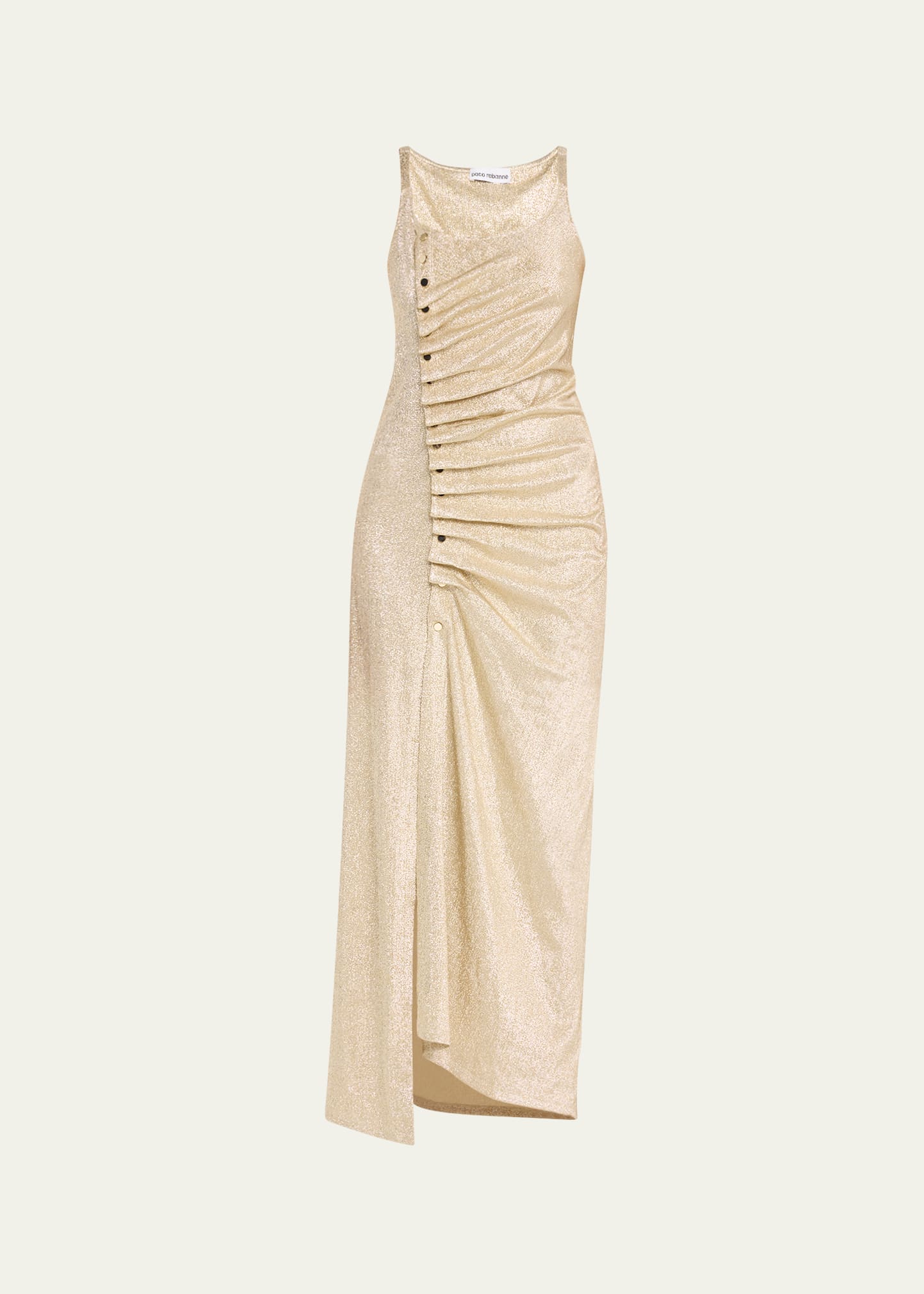 Shop Rabanne Metallic Ruched Snap Maxi Dress In Silver Gold