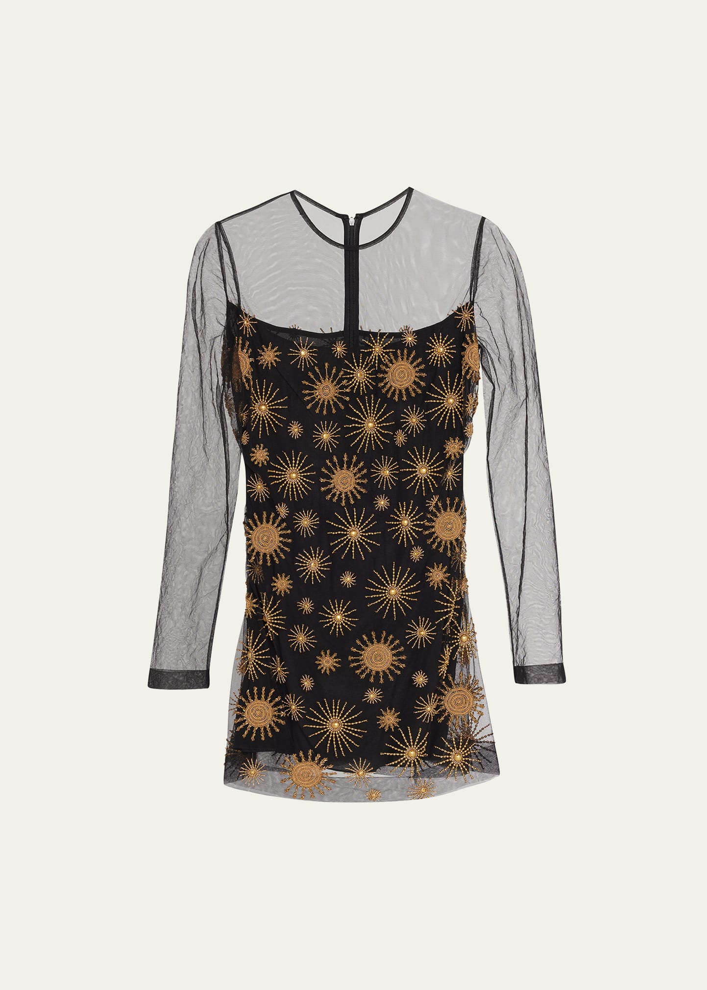 Markarian Protea Sheer-Sleeve Beaded Mini Dress