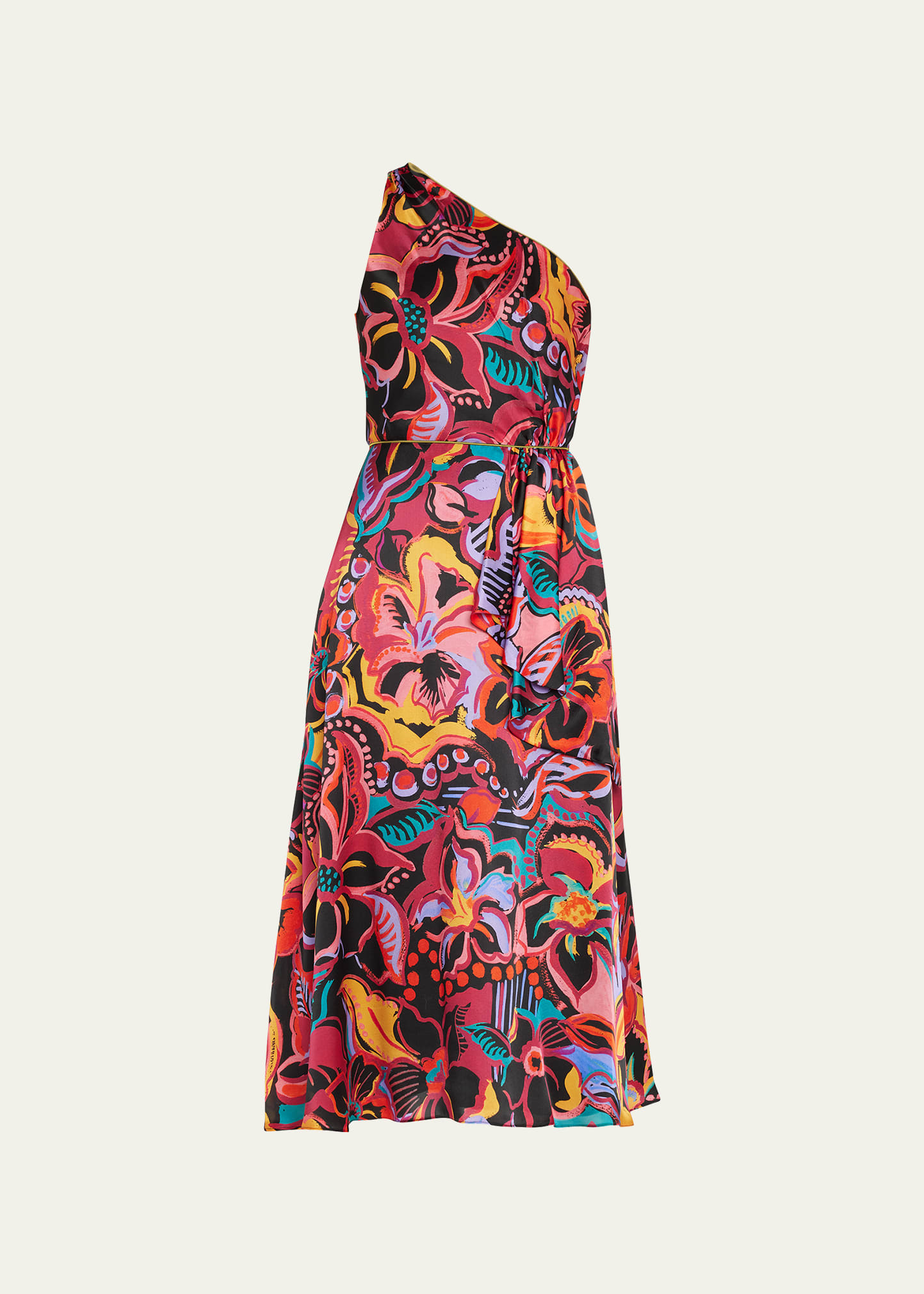 Markarian Plumeria Floral-Print One-Shoulder Silk Midi Dress