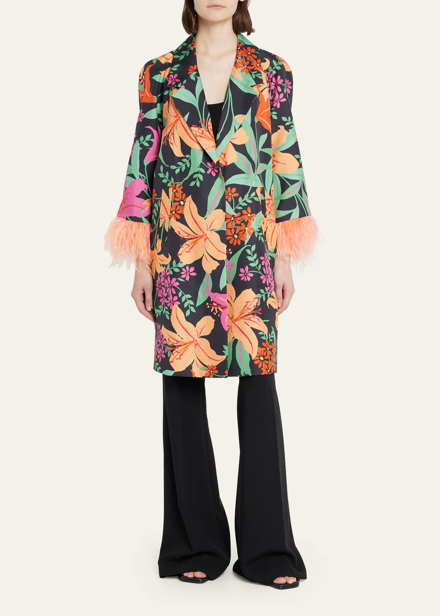 Logan Feather-Trim Floral-Print Silk Coat