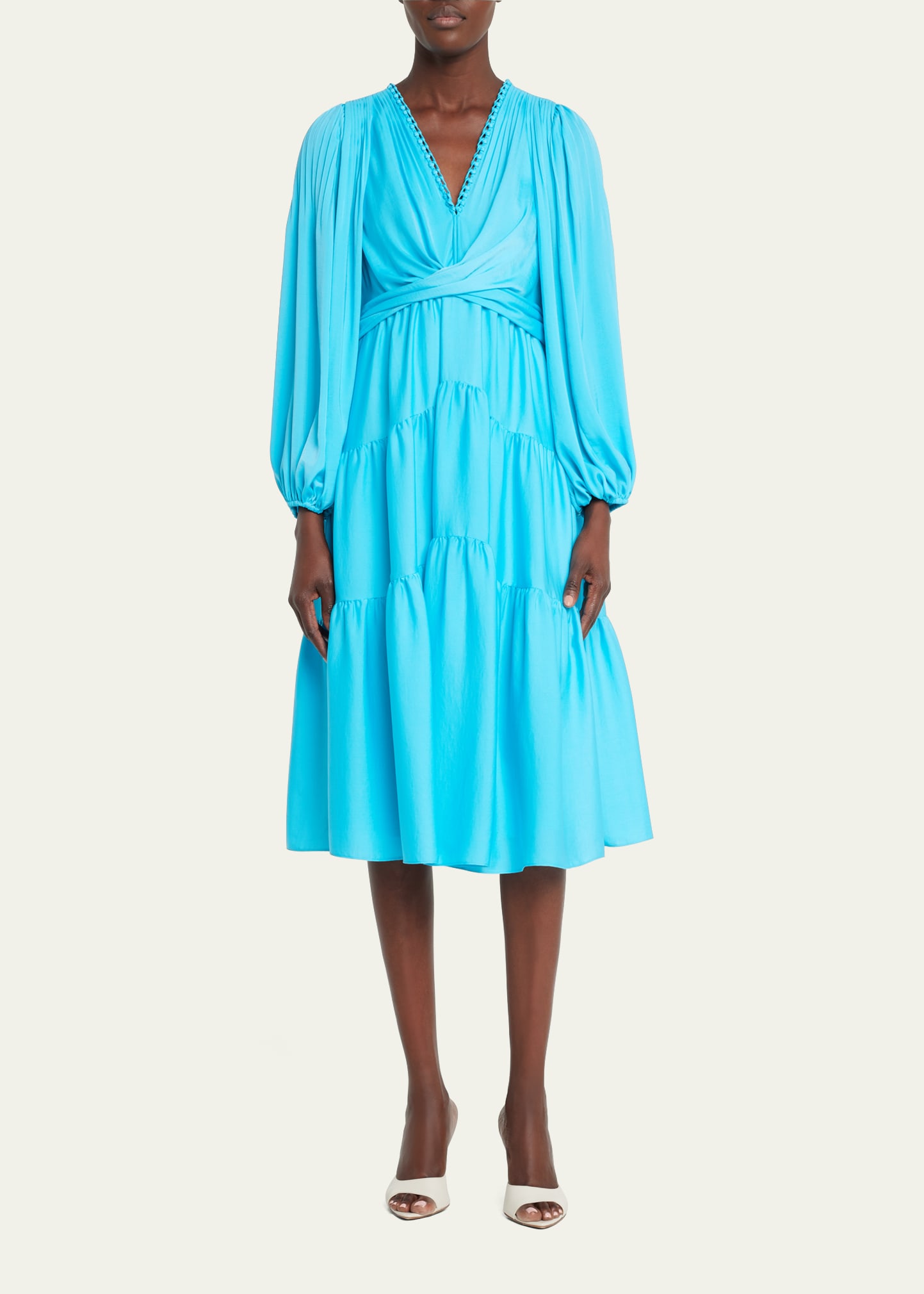 Tiered Blouson-Sleeve Midi Dress