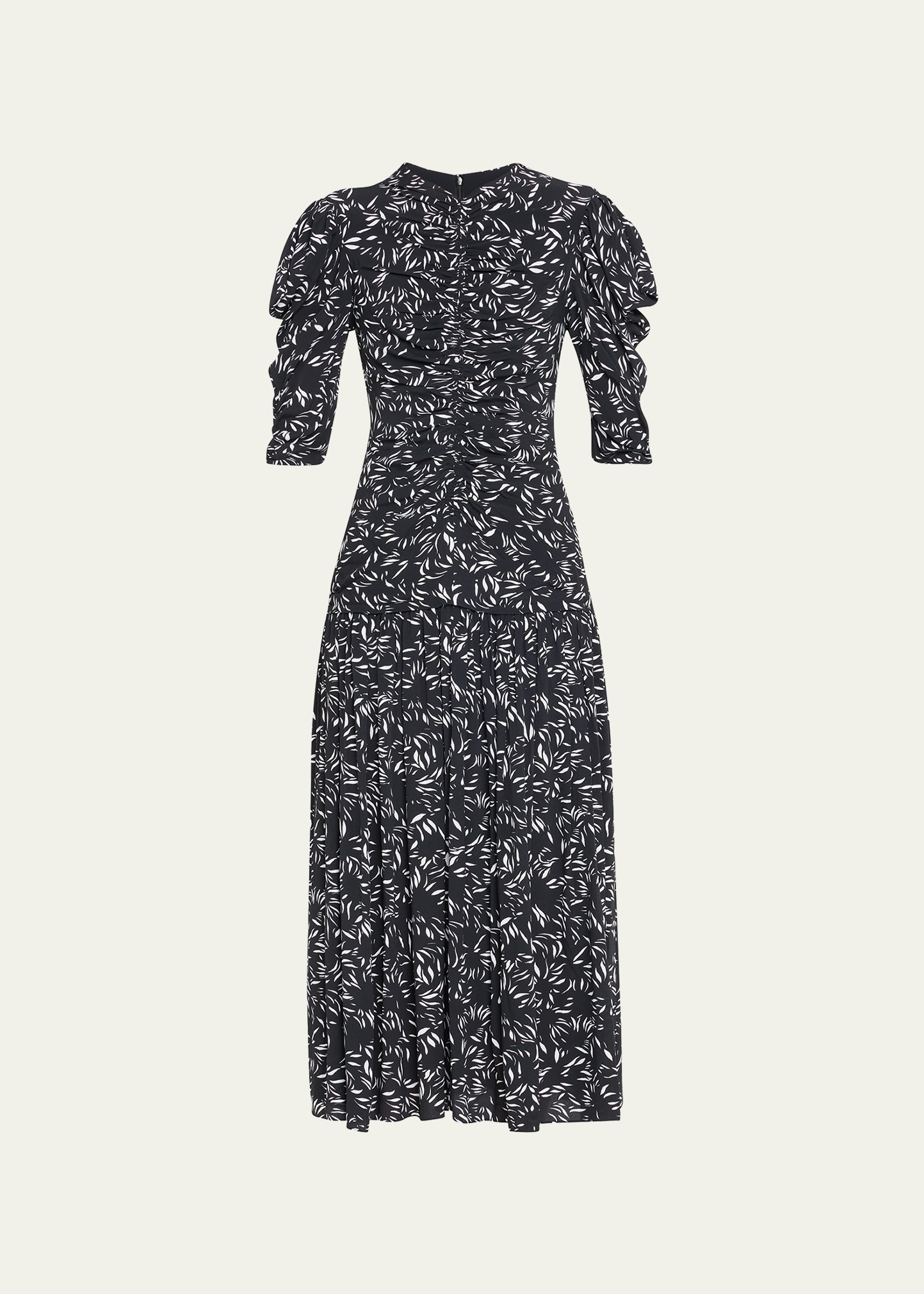 Proenza Schouler Leafy Puff-sleeve Midi-dress In Black/white Multi