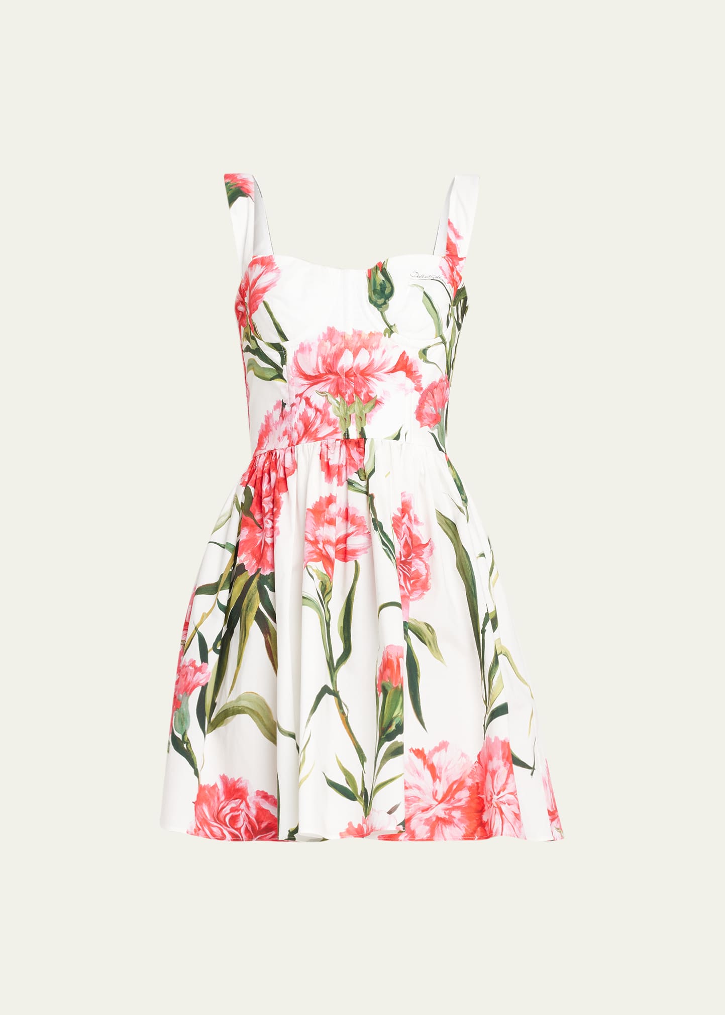 Dolce & Gabbana Carnation Print Poplin Corset Mini Dress In Natwhite