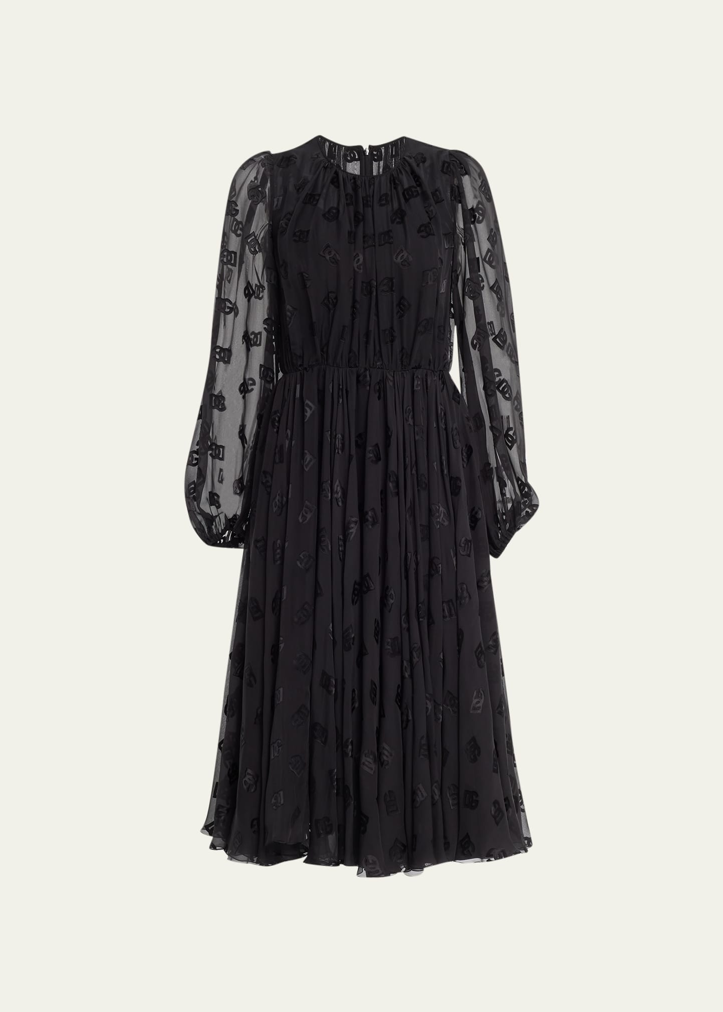 Dolce & Gabbana Logo Jacquard Long Sleeve Chiffon Dress In Black