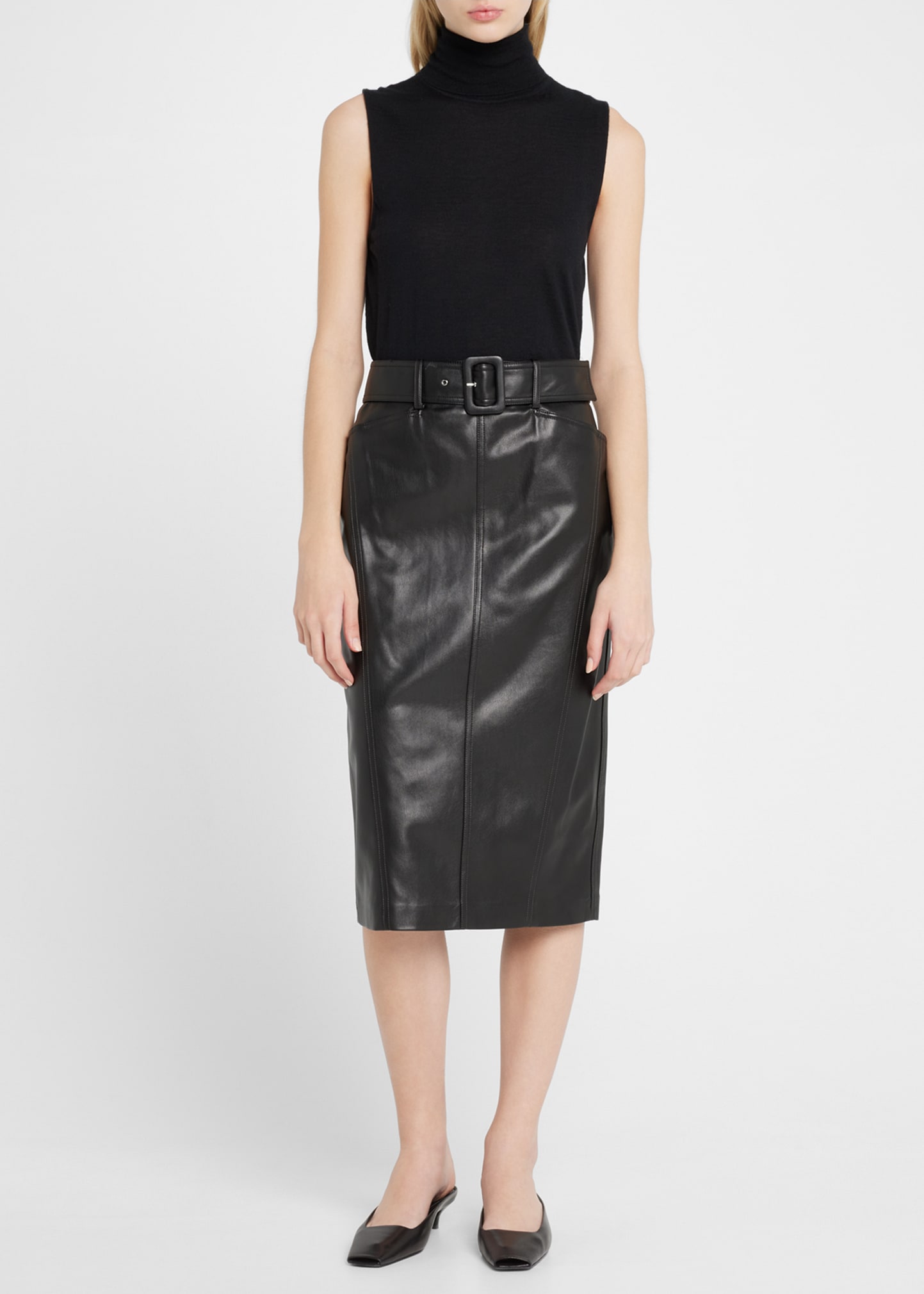 Seamed Faux-Leather Belted Pencil Skirt
