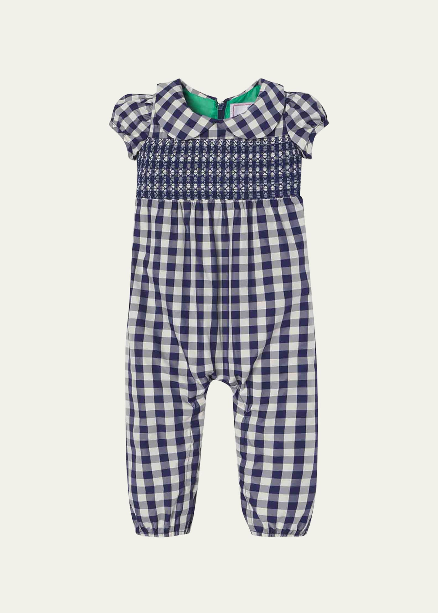 Girl's Gingham-Print Smocked Coverall, Size Newborn-2