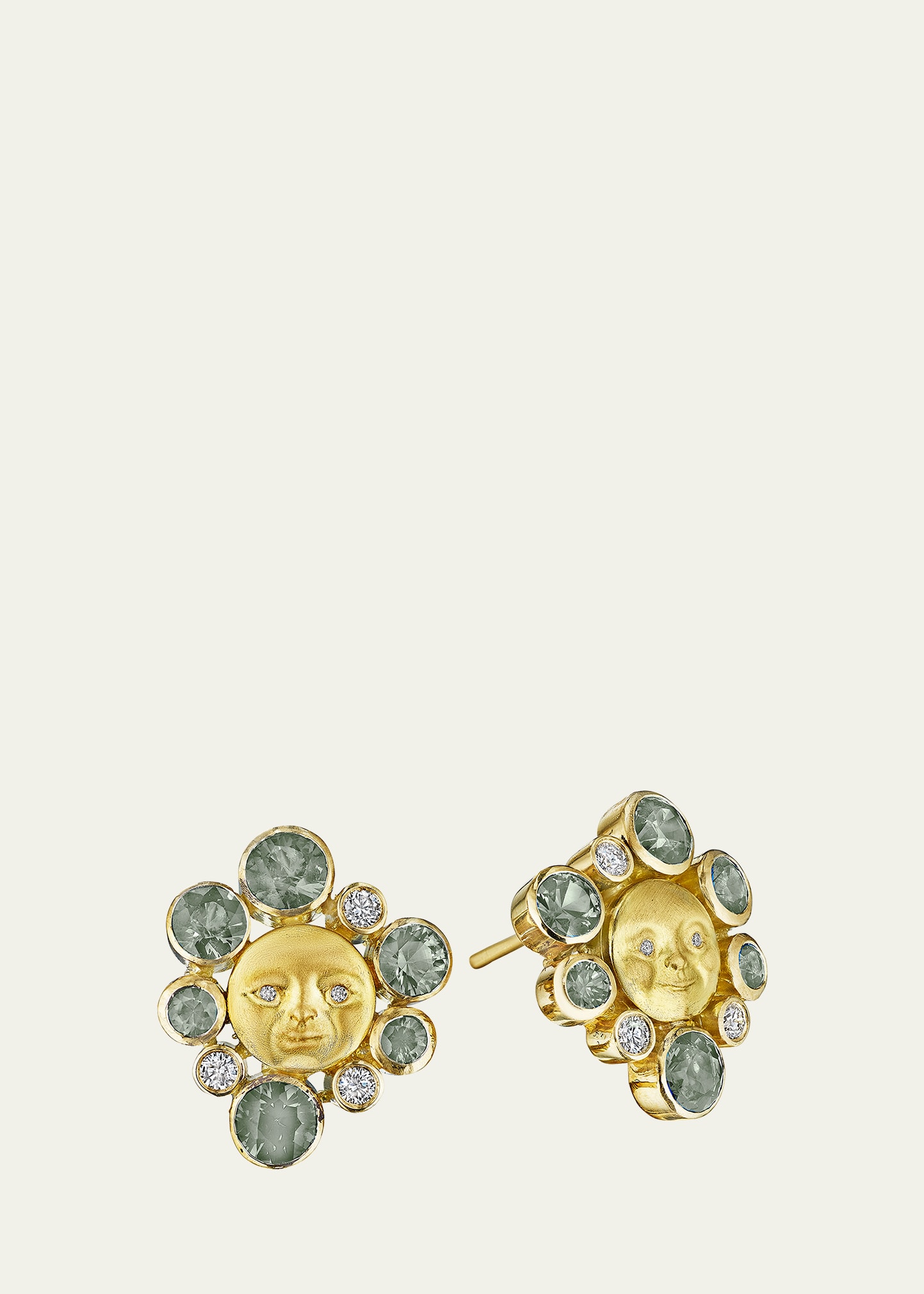 Anthony Lent Lunar Galaxy Button Earrings with Green Sapphires and Diamonds in 18K Gold
