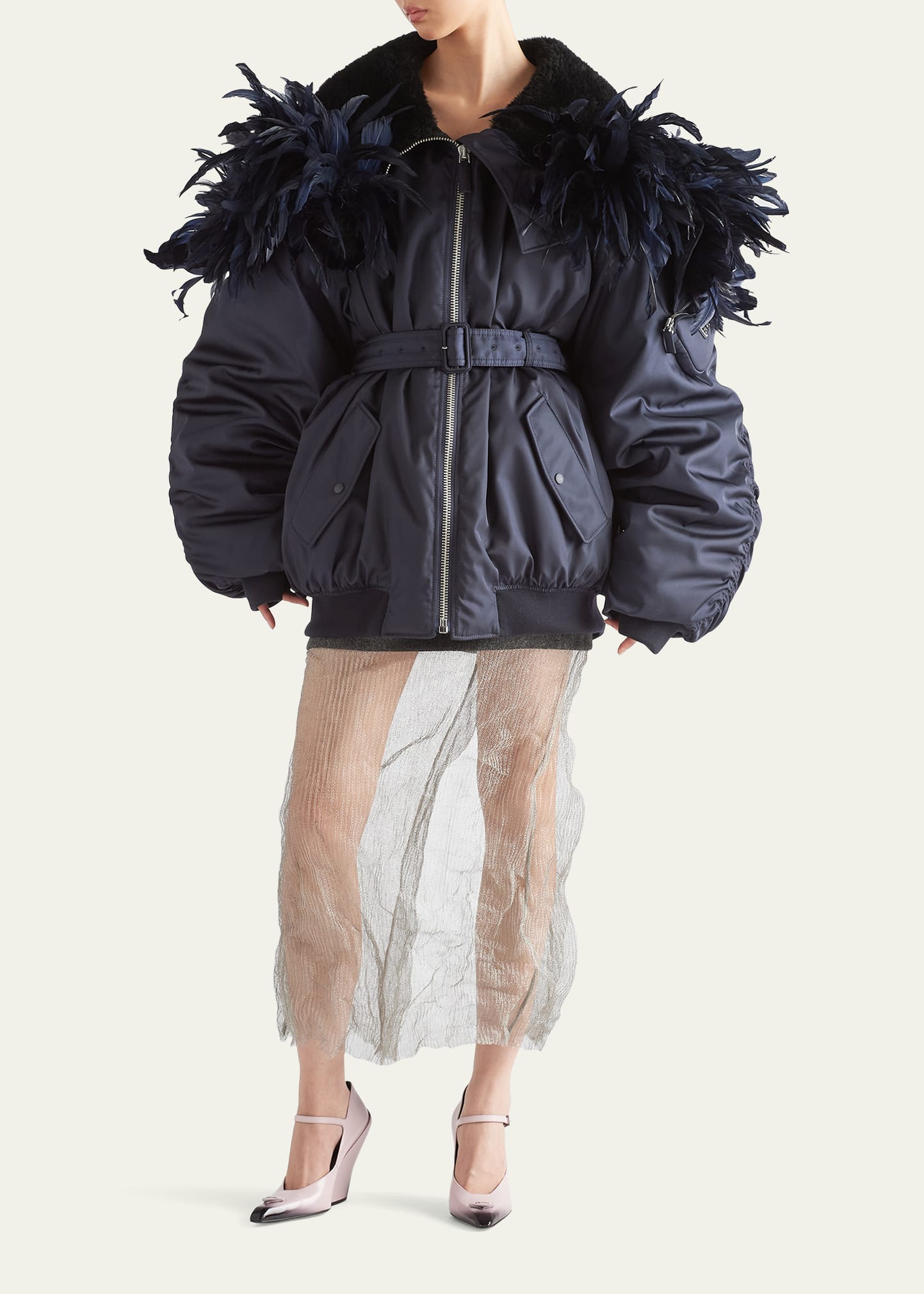 Prada Re-nylon Shearling Lining Feather Bomber Jacket In Blue | ModeSens