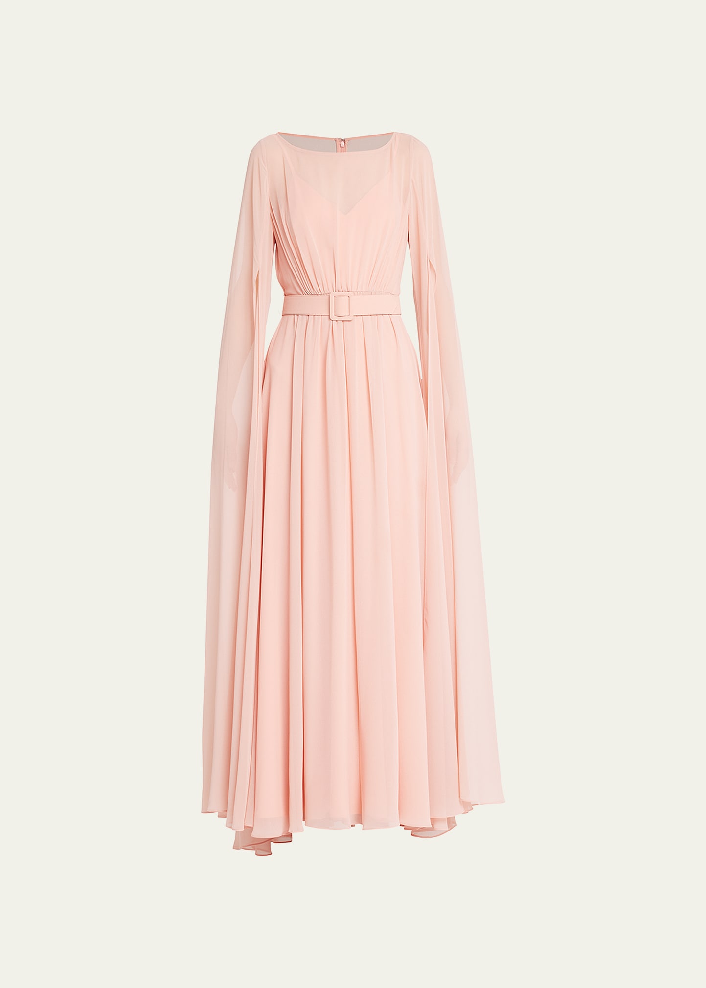 Badgley Mischka Belted Cape-sleeve Georgette Gown In Blush