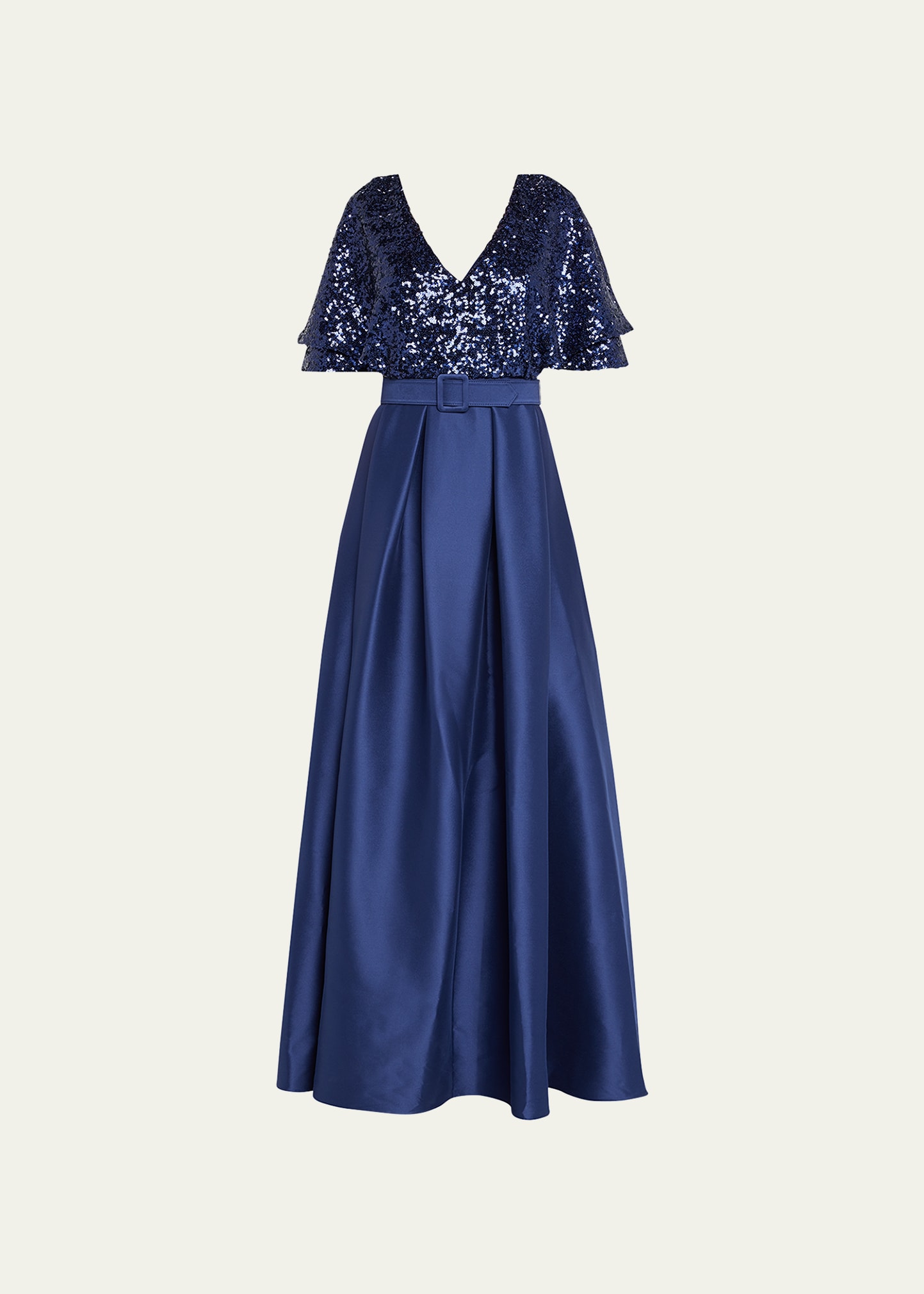 Flutter-Sleeve Pleated Sequin Gown