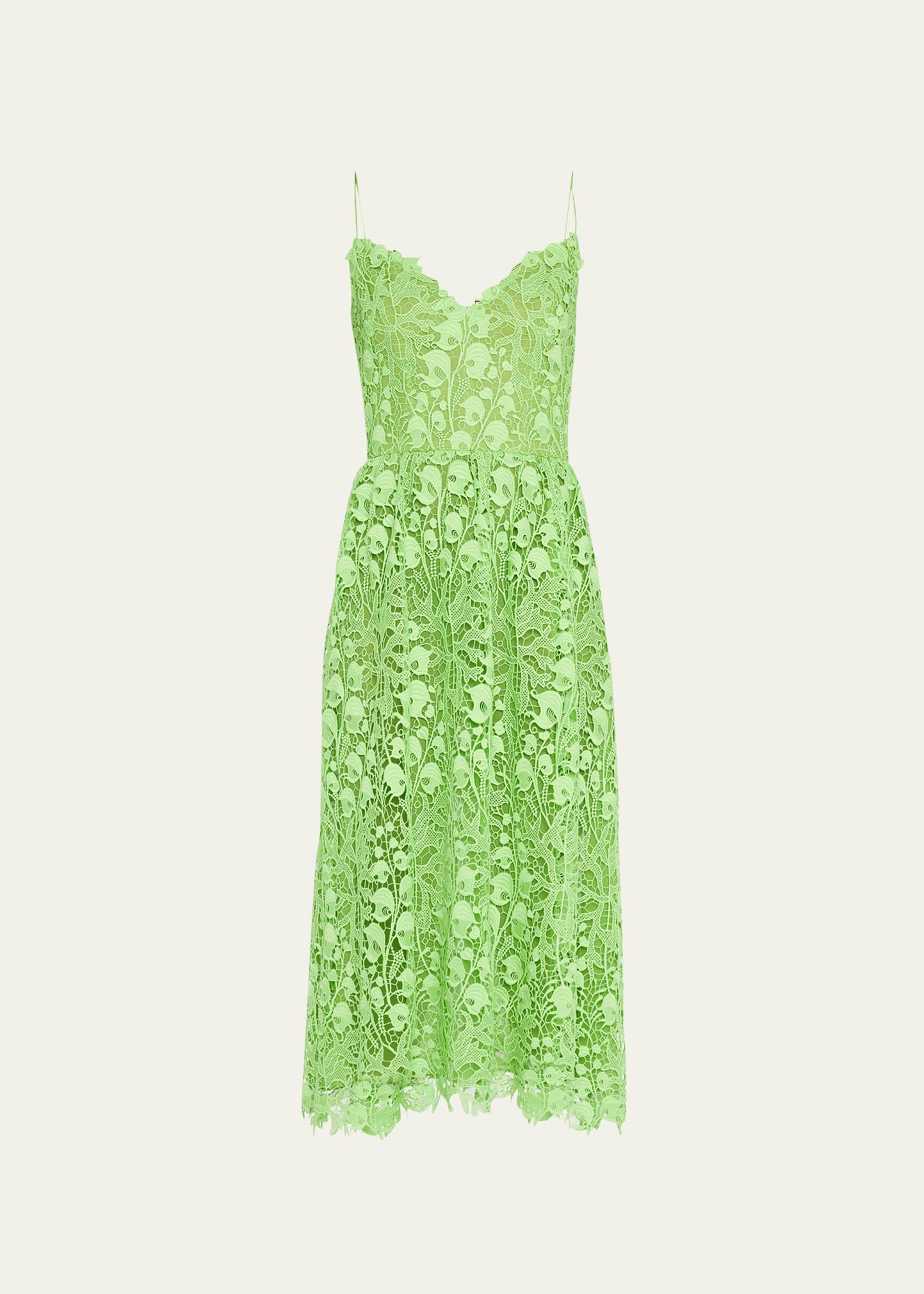 Monique Lhuillier Flared Skirt Lace Midi Dress In Lime