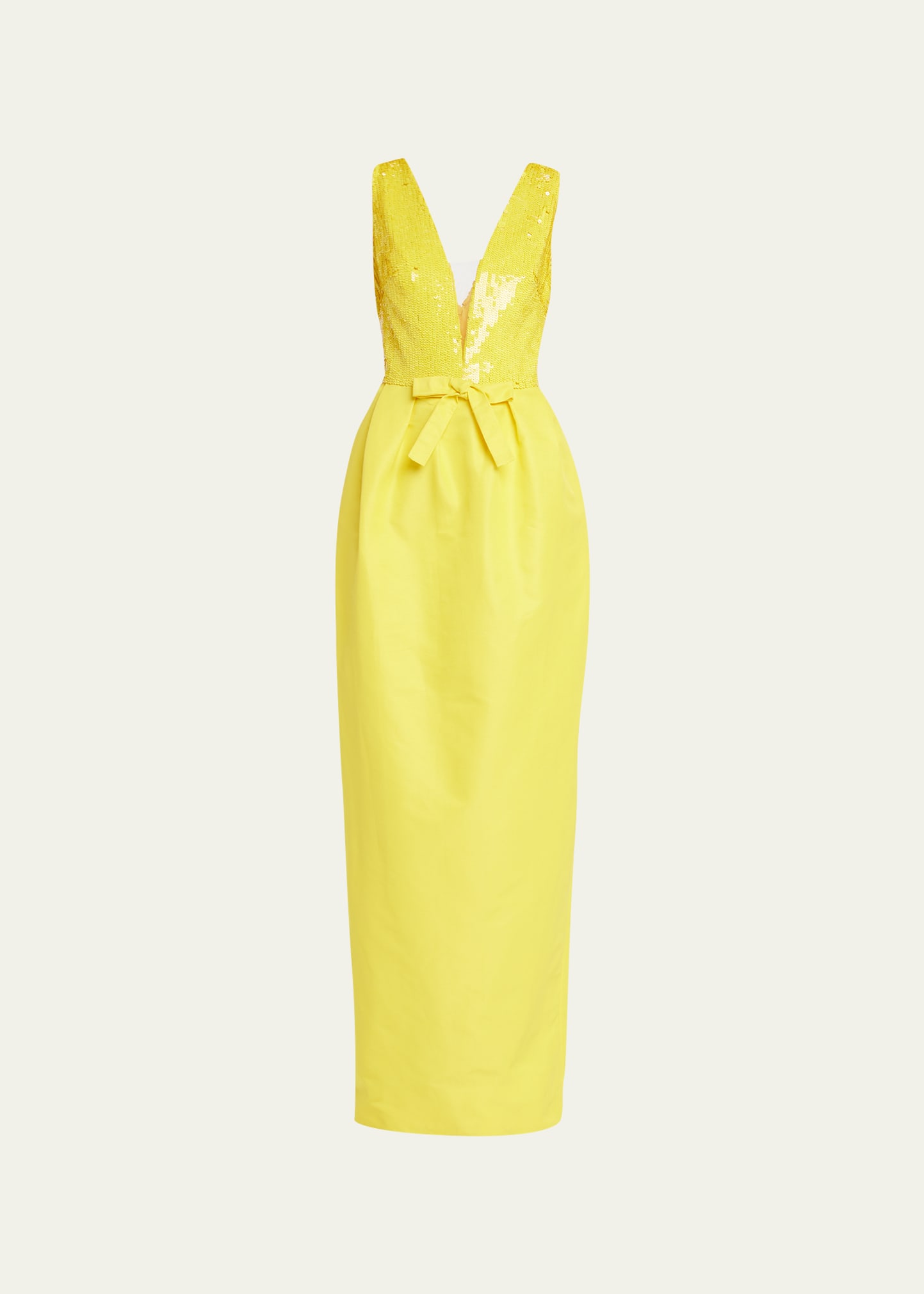 Monique Lhuillier Faille Sequin Deep V-neck Gown With Bow Detail In Canary Yellow