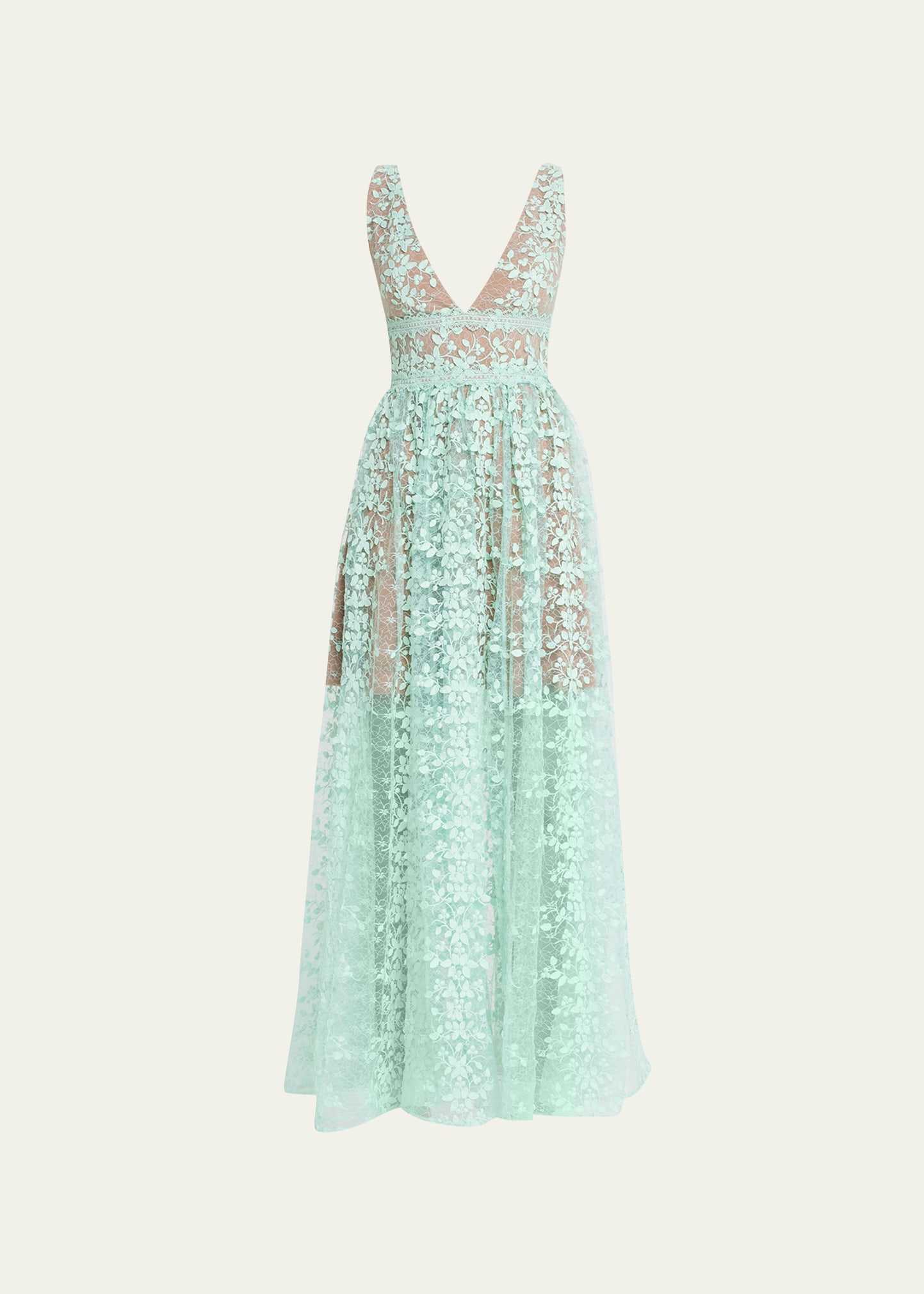 Shop Bronx And Banco Megan Deep V-neck Floral Applique Lace Gown In Turquoise