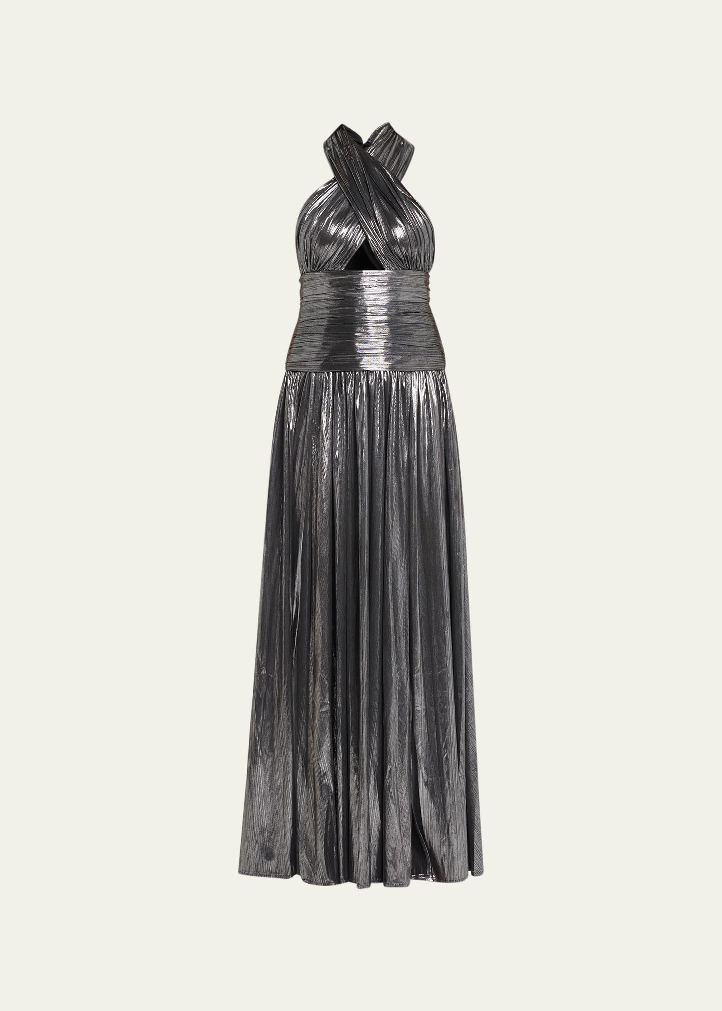 Bronx and Banco Florence Cutout Metallic Halter Gown