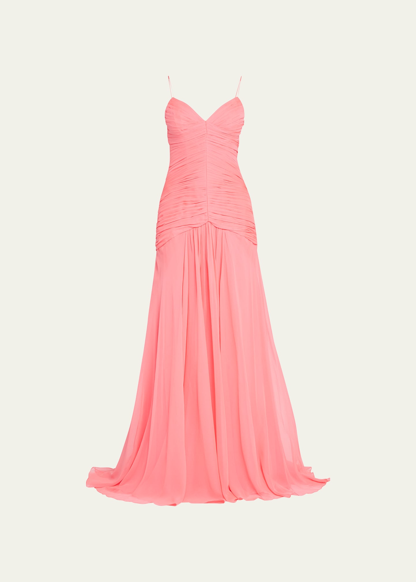 MONIQUE LHUILLIER SPAGHETTI-STRAP RUCHED FRONT GOWN 