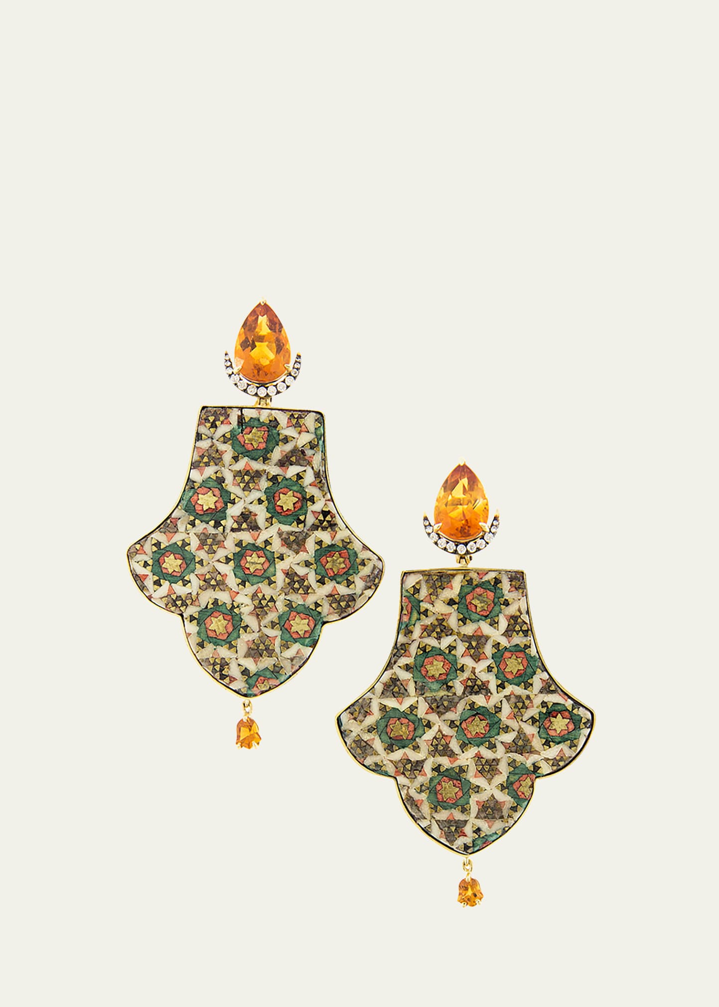 Hand-Painted Earrings with Diamonds and Citrine