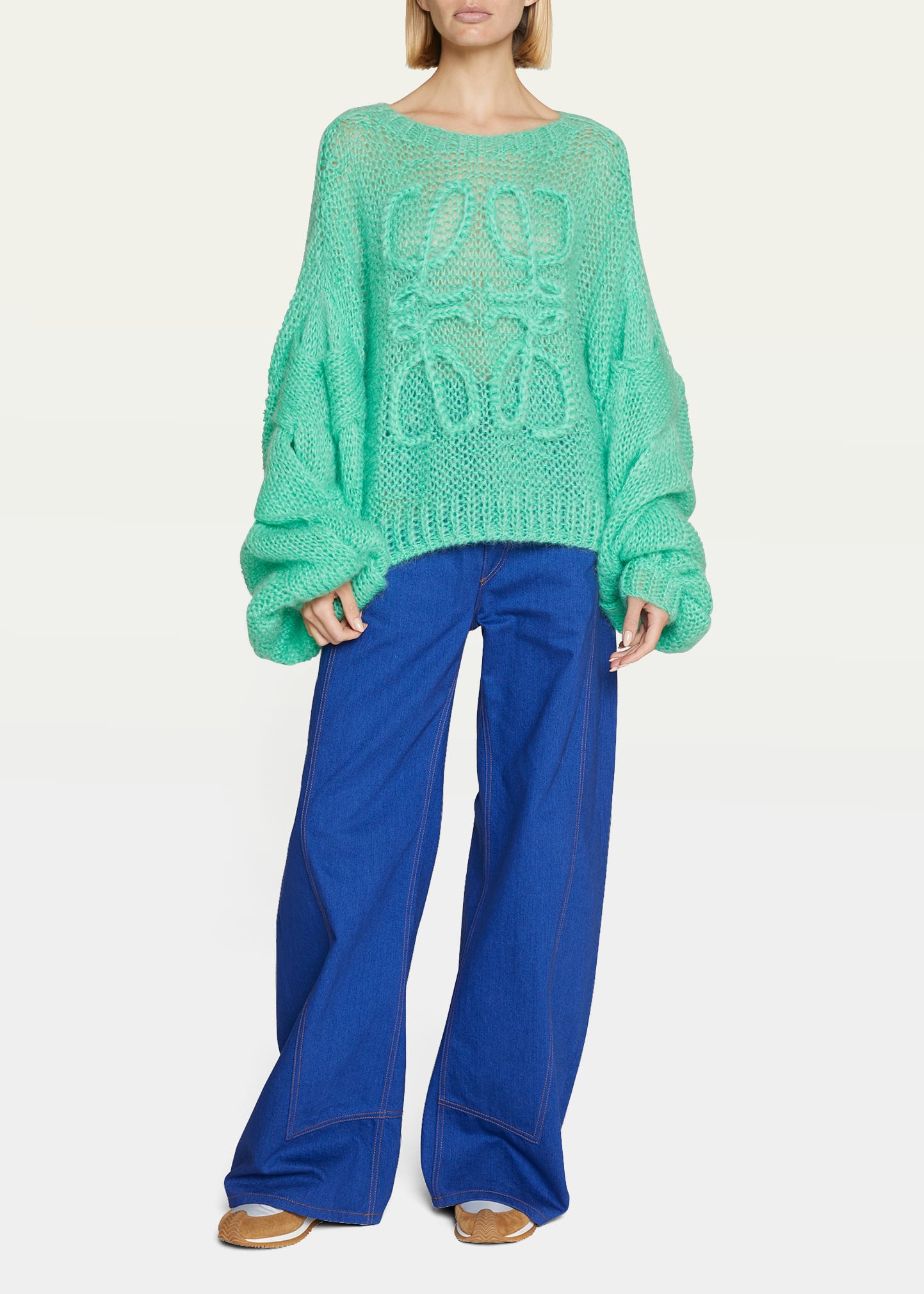Loewe Anagram Cable-knit Sleeve Sweater In Water Gree