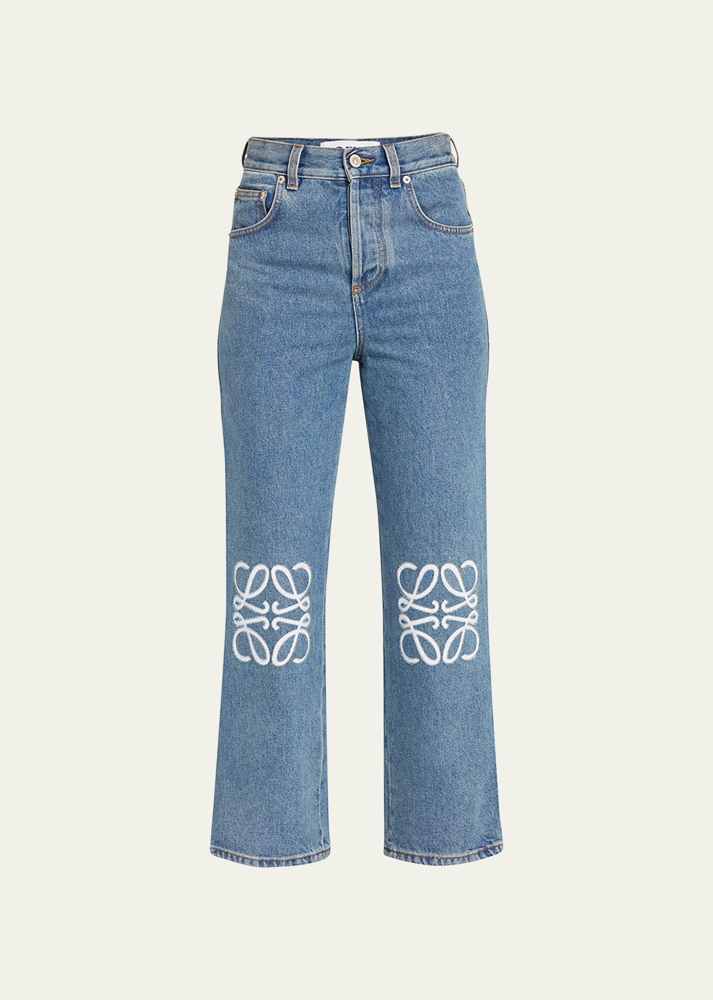 Shop Loewe Anagram Embroidered Cropped Jeans In Mid Blue D