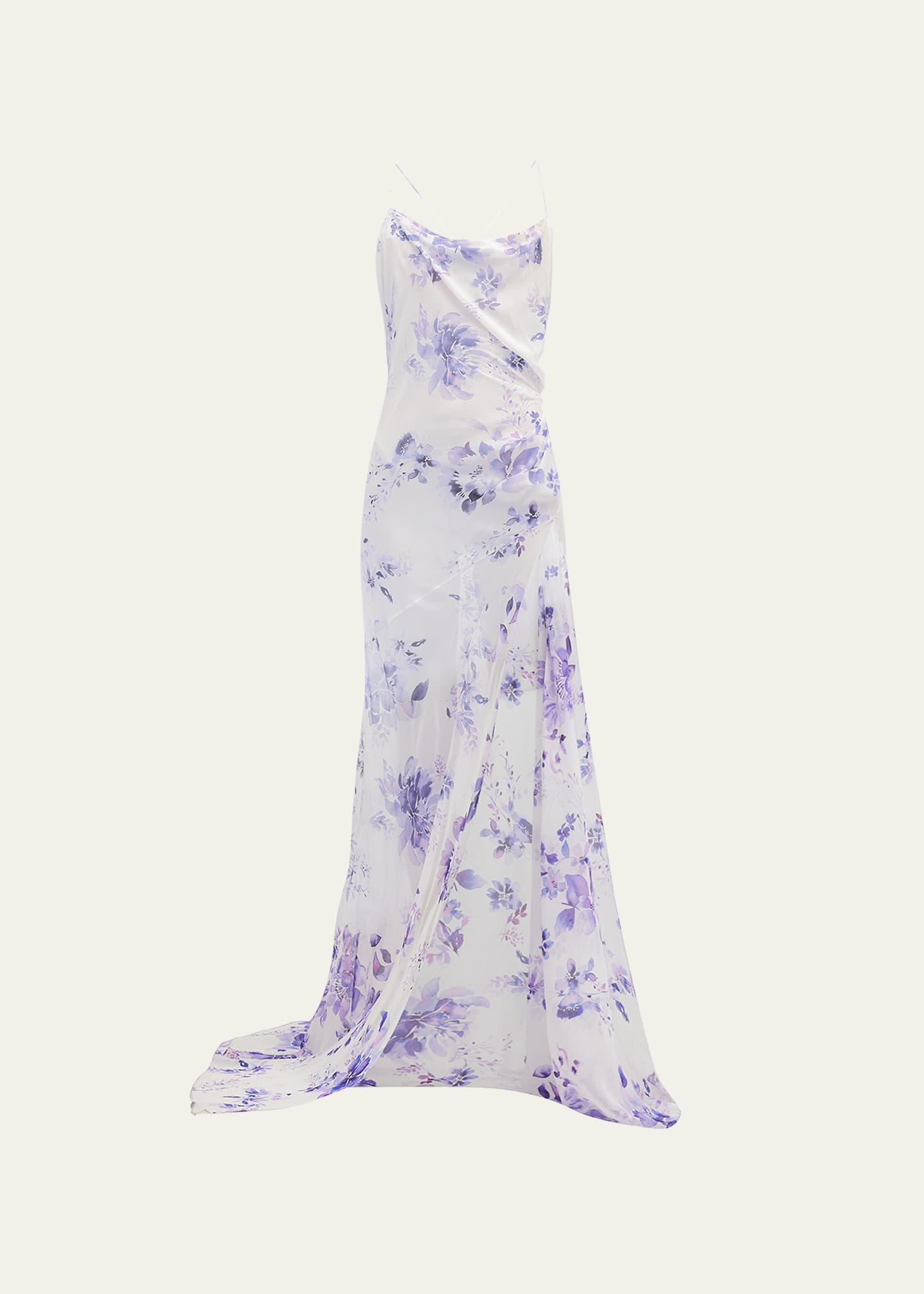 Floral-Print Draped Bias Gown