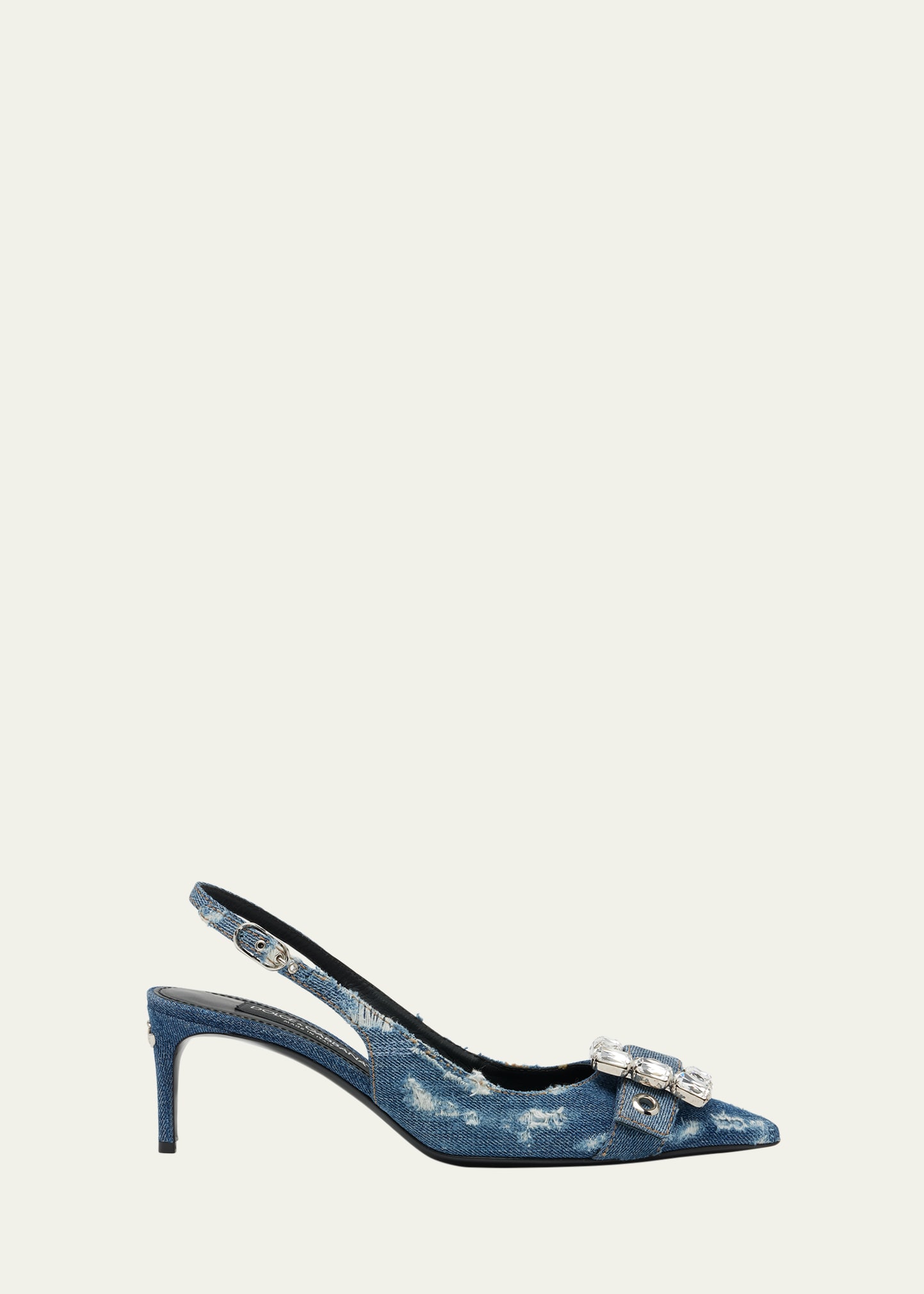 Dolce & Gabbana Patchwork Denim Slingback With Rhinestone Buckle Shoes In Dark Blue