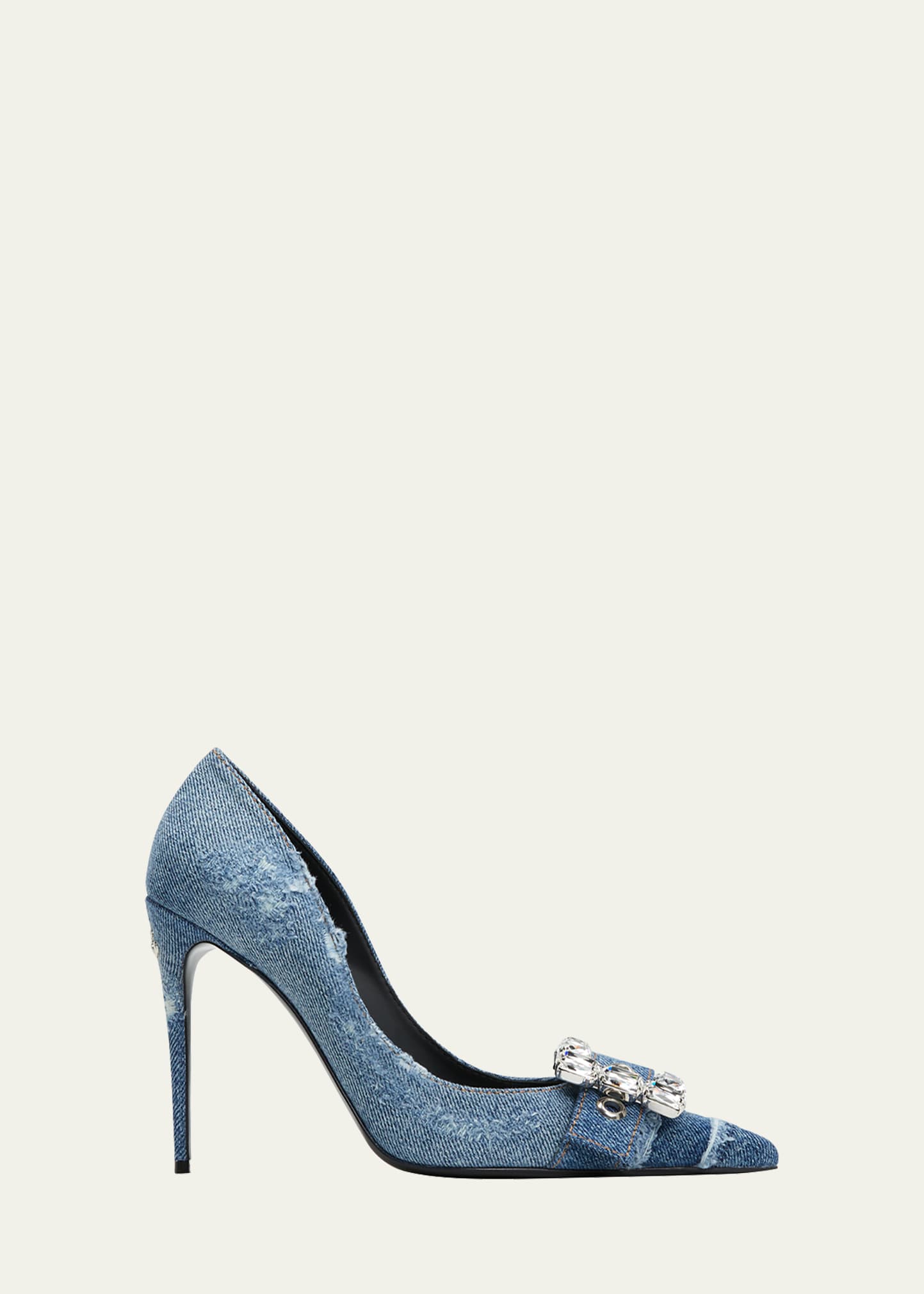 DOLCE & GABBANA PATCHWORK DENIM CRYSTAL-BUCKLE PUMPS