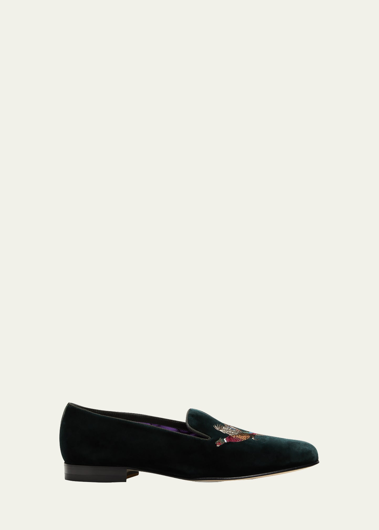 Men's Alonzo Pheasant-Embroidered Velvet Slippers