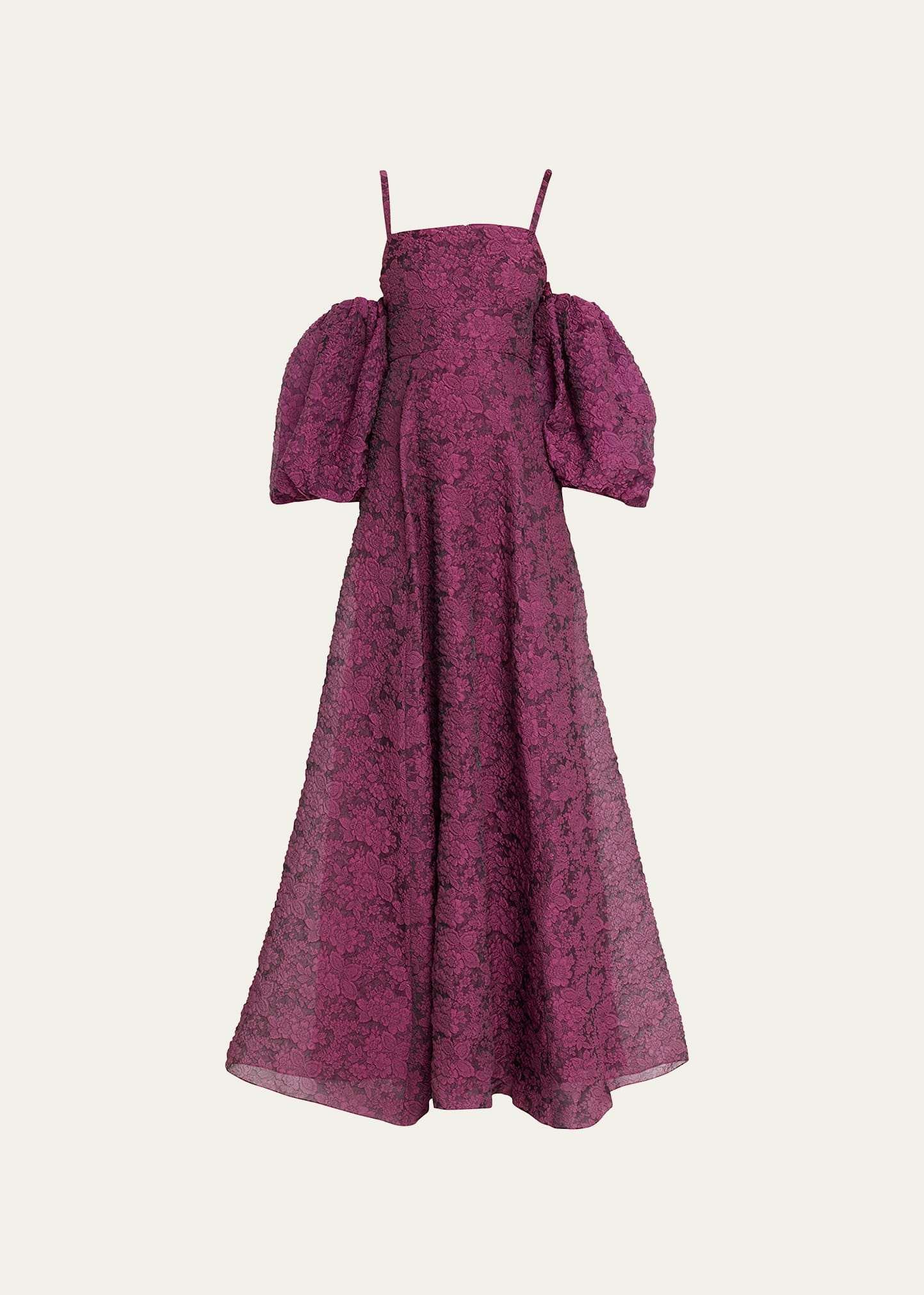 Cold-Shoulder Puff-Sleeve Floral Jacquard Gown
