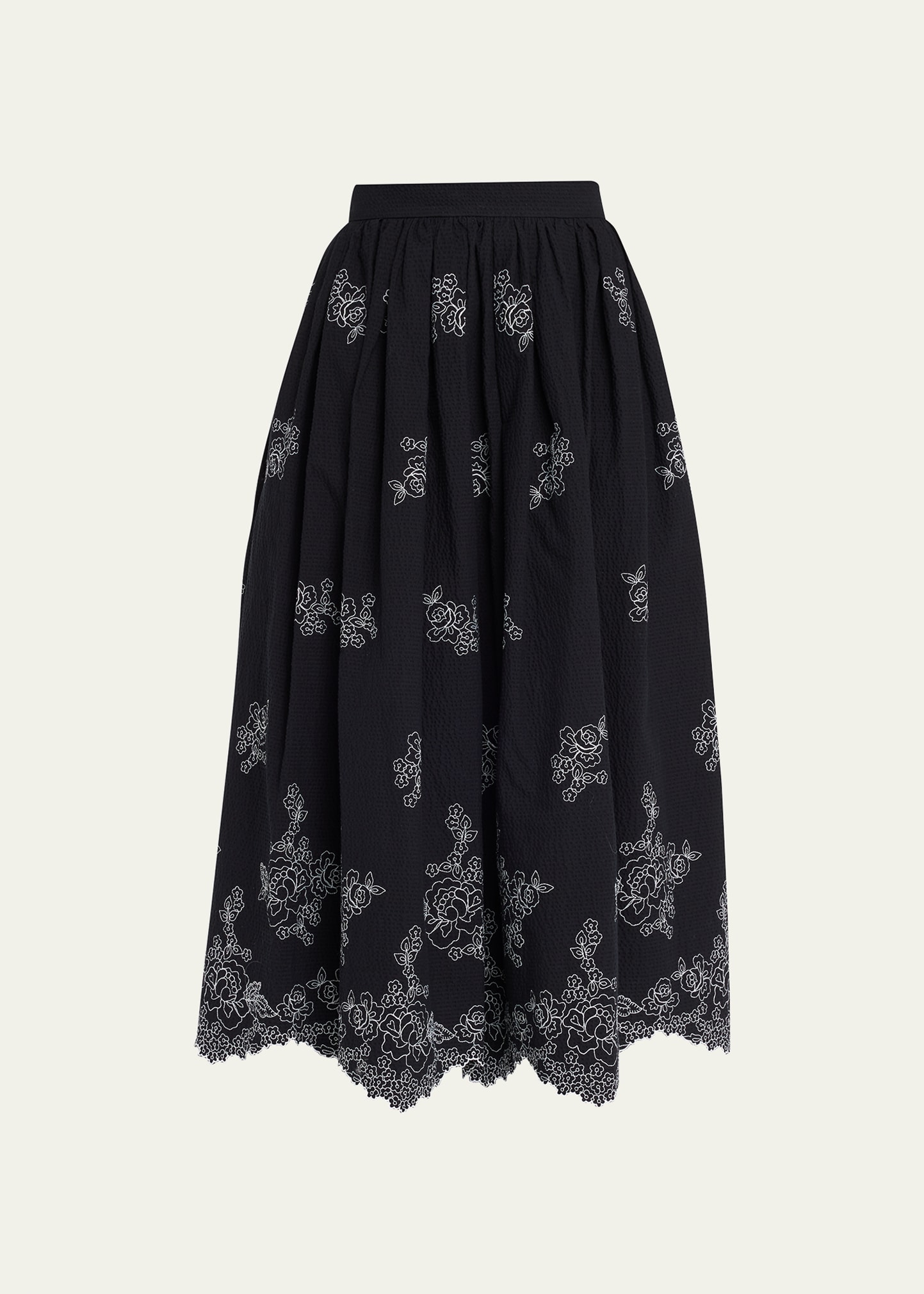 Floral-Embroidered Seersucker Midi Skirt