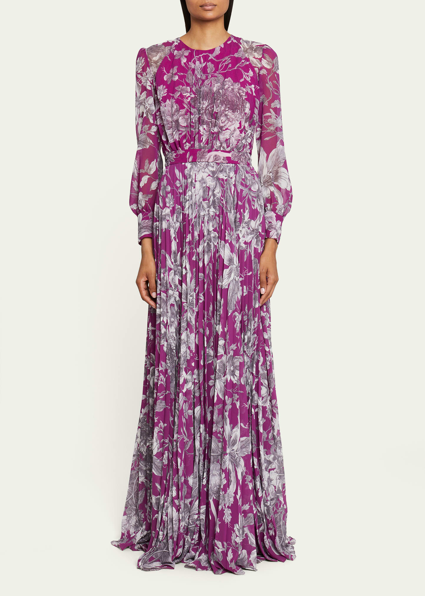 Floral-Print Pleated Belted Gown