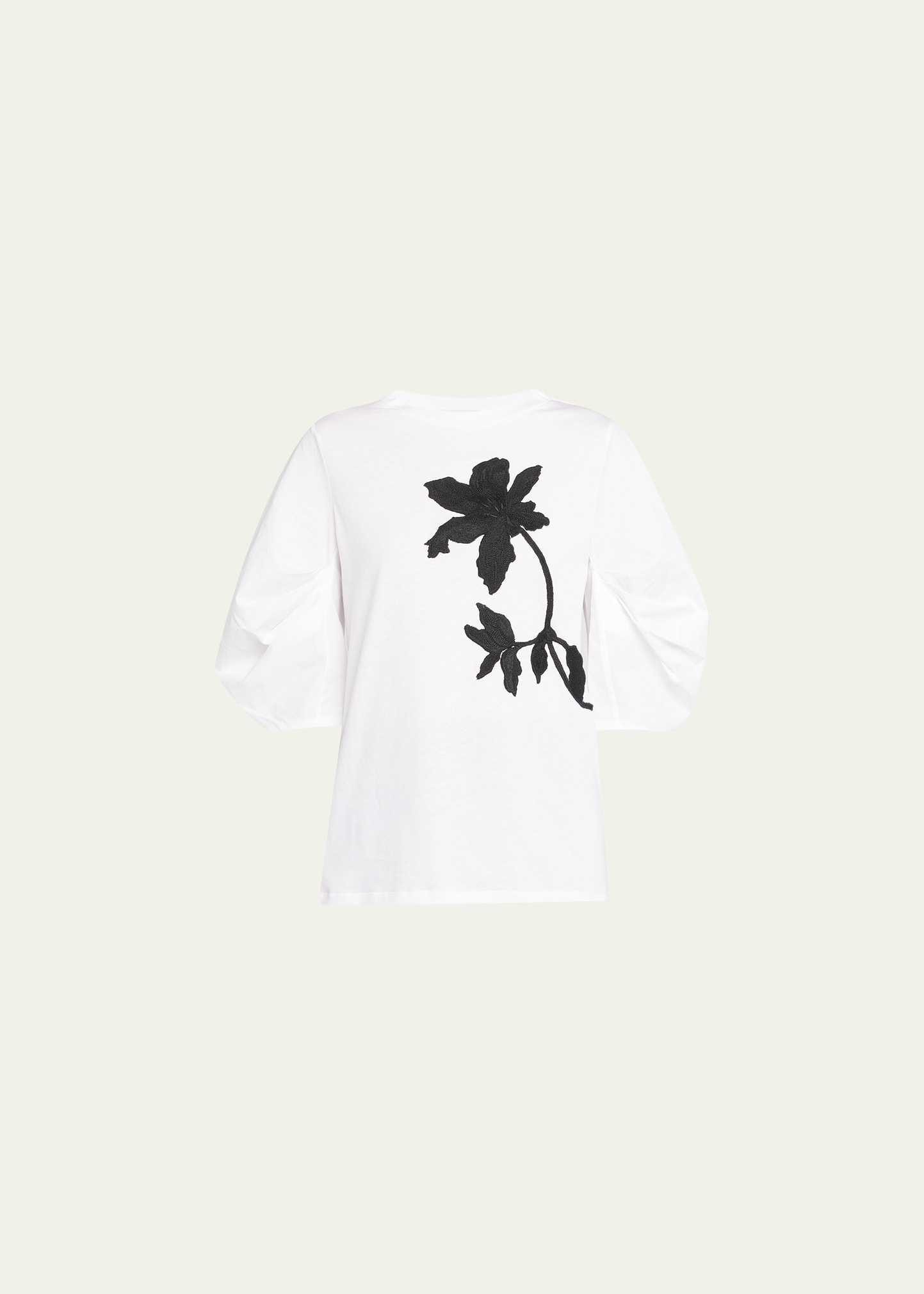 Floral-Applique Puff-Sleeve Cotton T-Shirt