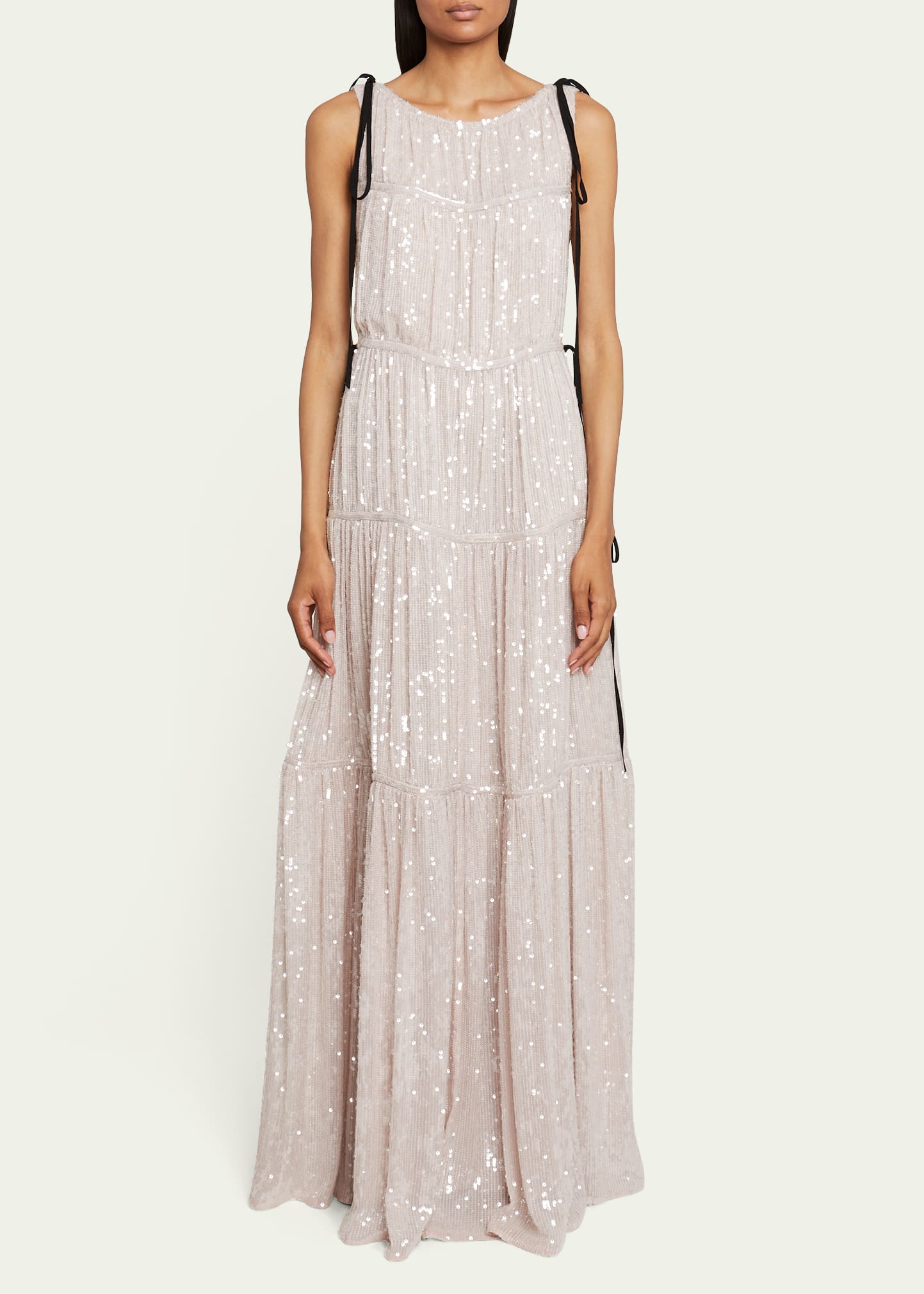 Tiered Sequin Gown with Tie Details