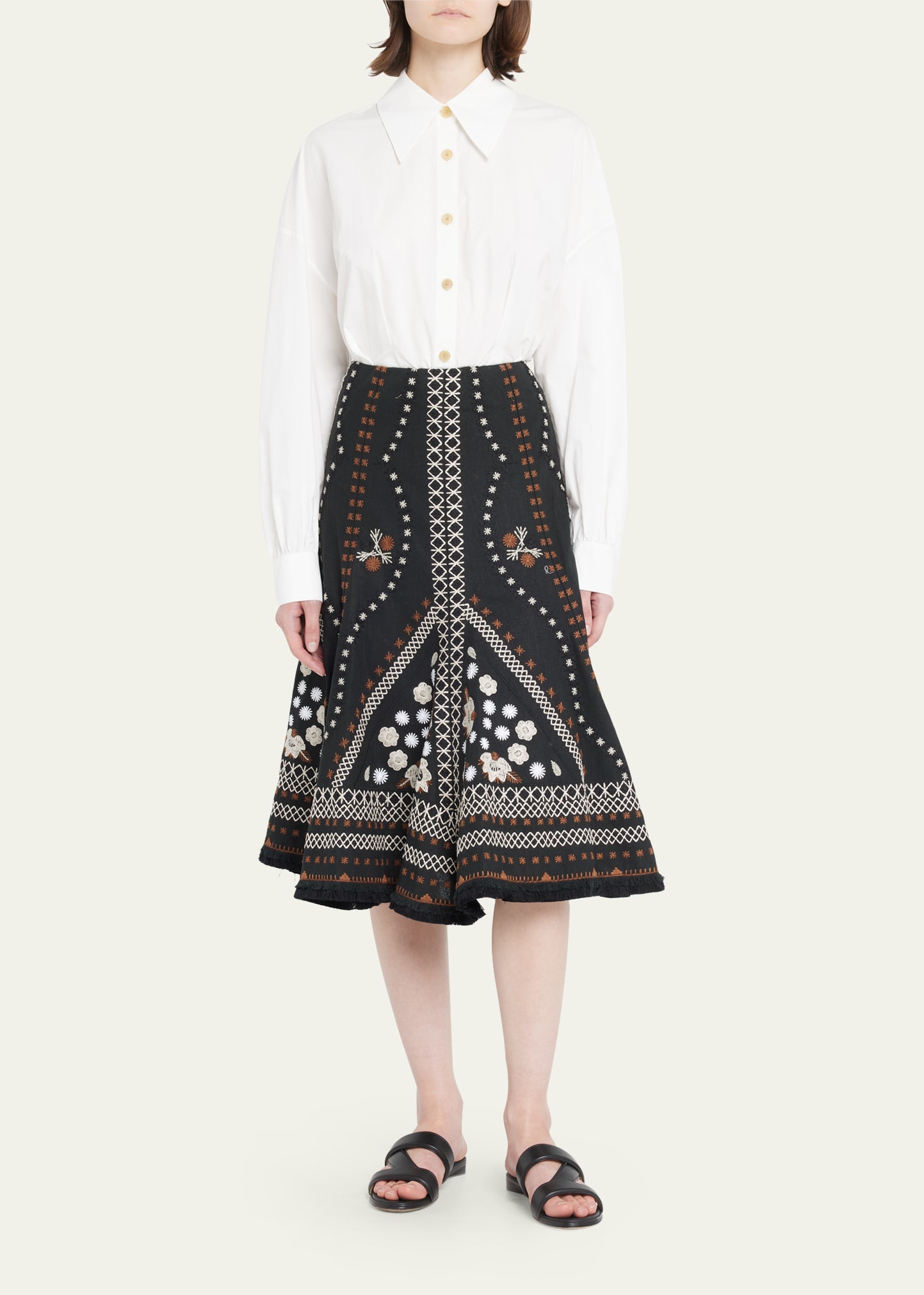 Embroidered Fringe-Trim Midi Skirt