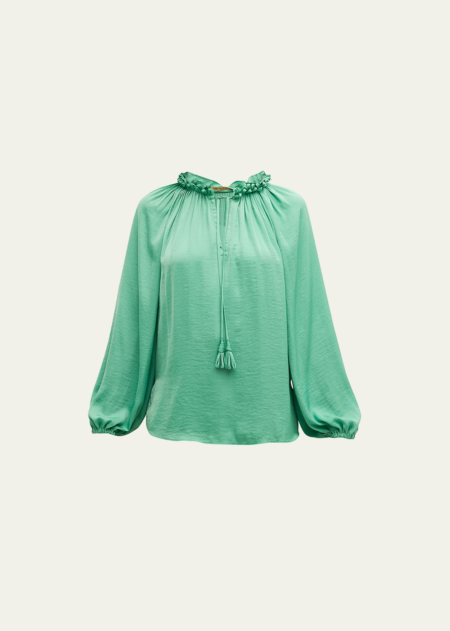 Pleated Blouson-Sleeve Loop-Trim Blouse