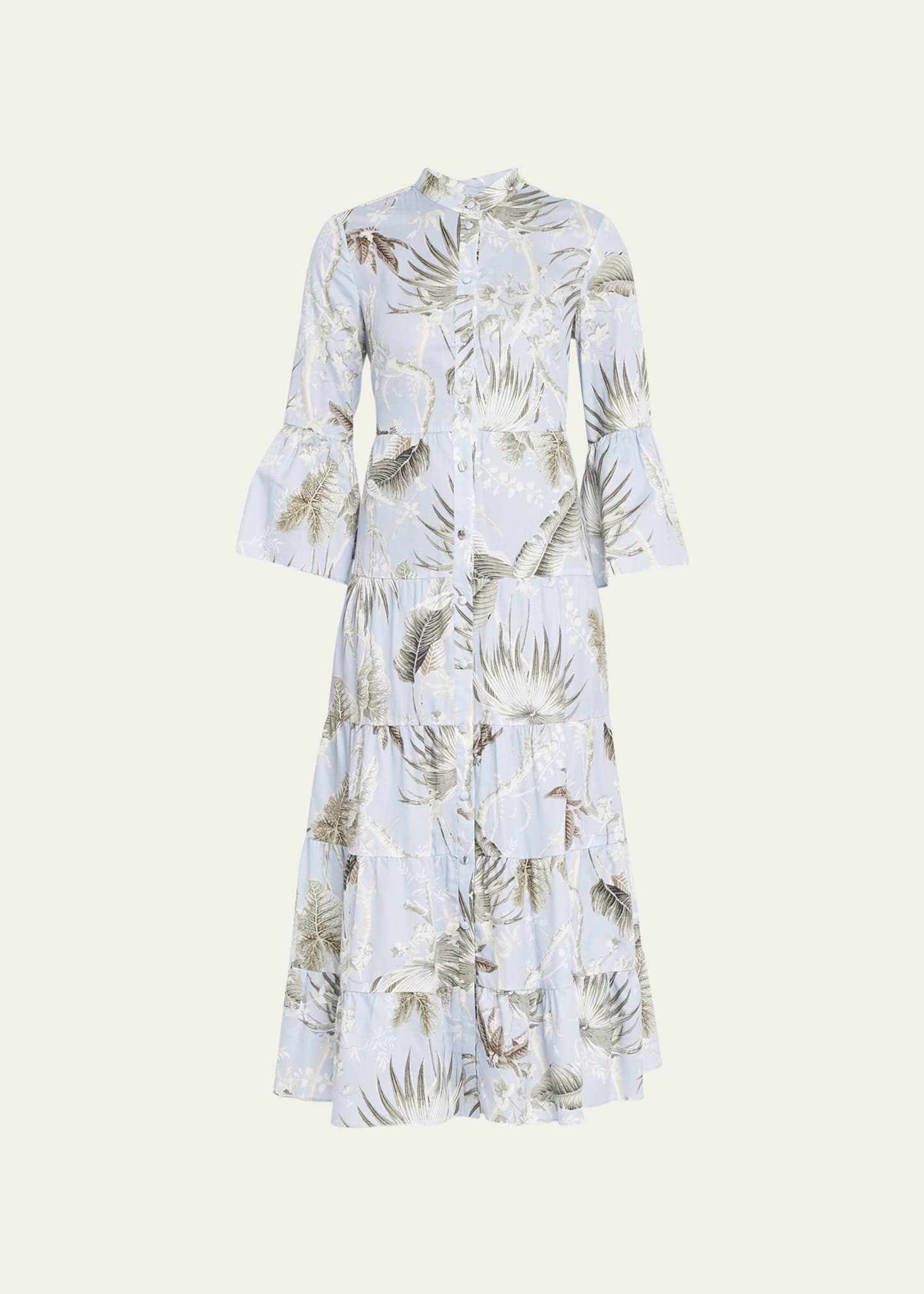 Tiered Frilled-Sleeve Midi Shirtdress