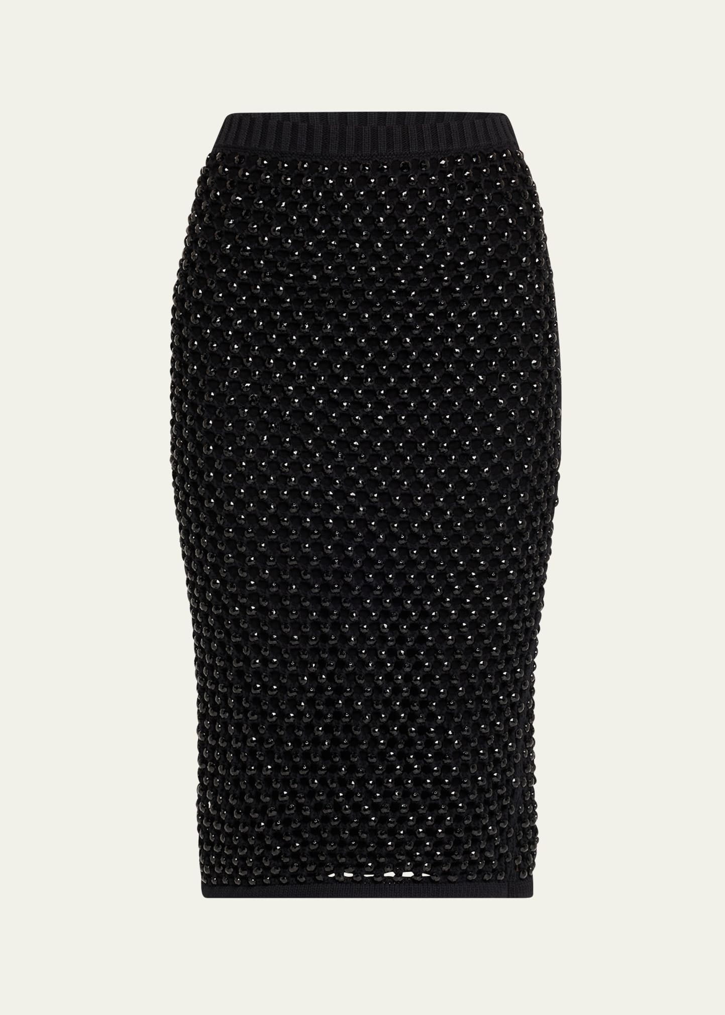 Crystal-Embellished Open-Knit Midi Skirt