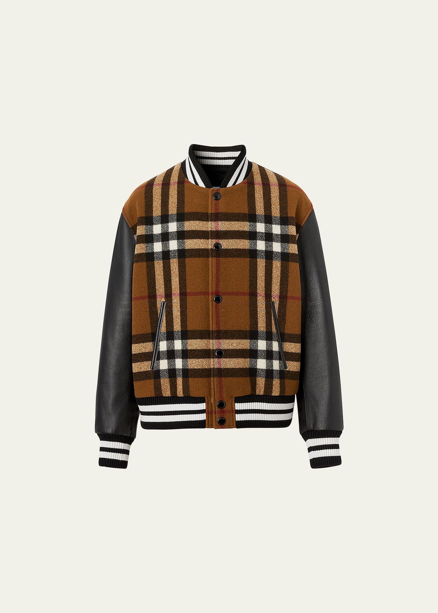 Burberry Checked Wool-blend And Full-grain Leather Varsity Jacket In Birch Brown