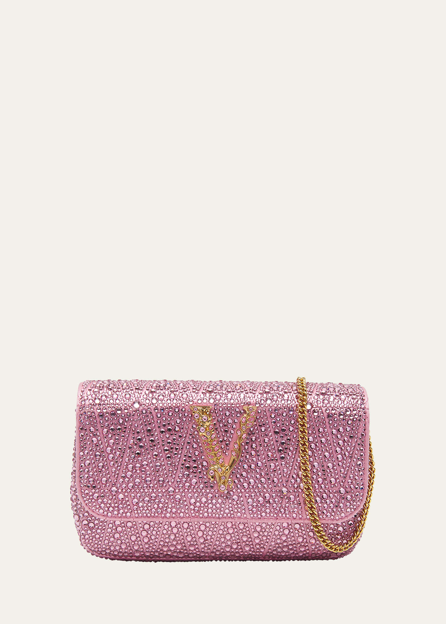 Versace Virtus Mini Crystal Chain Crossbody Bag In Pale Pink/ Gold