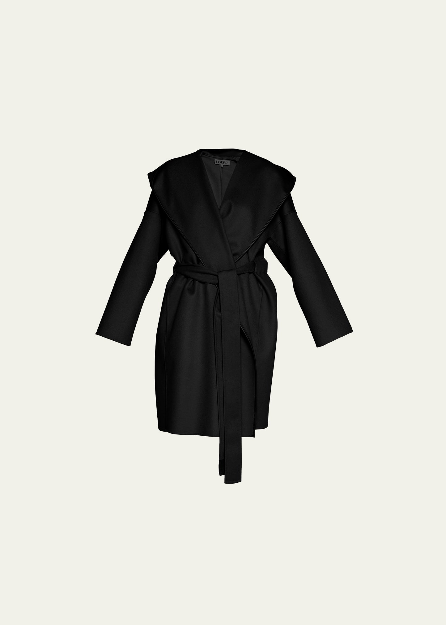 Hooded Leather Trim Belted Wool Robe Coat