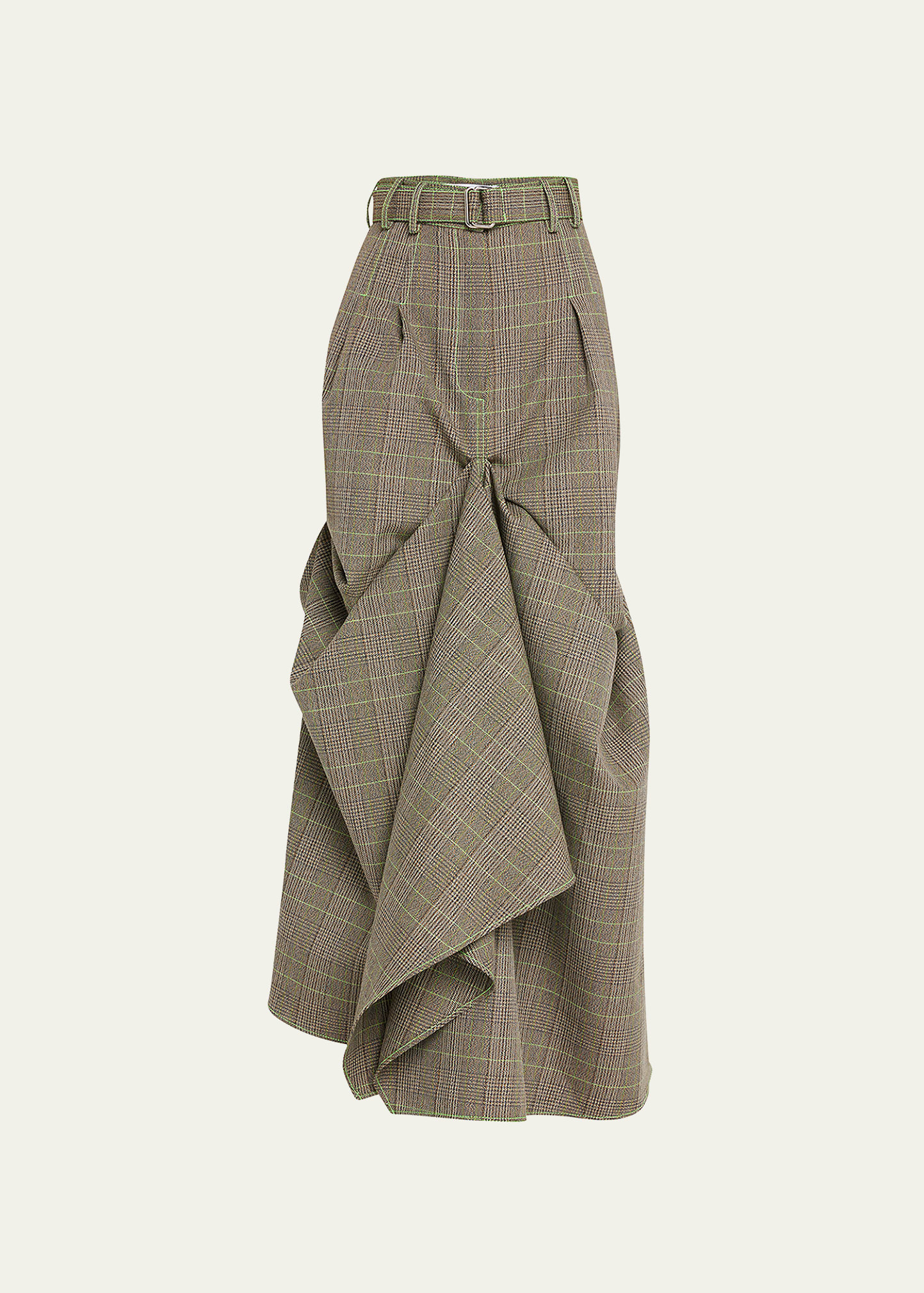 Prince of Wales Tucked Wool Trumpet Skirt with Belt