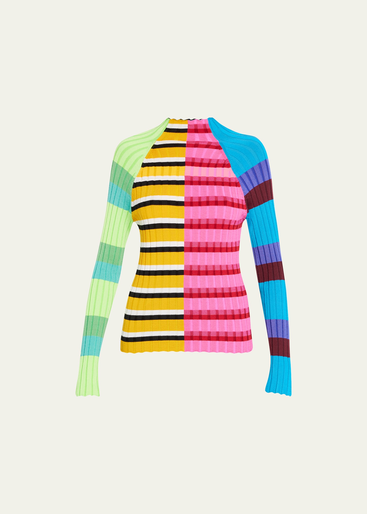 Colorblock Ribbed Mock-Neck Wool Top