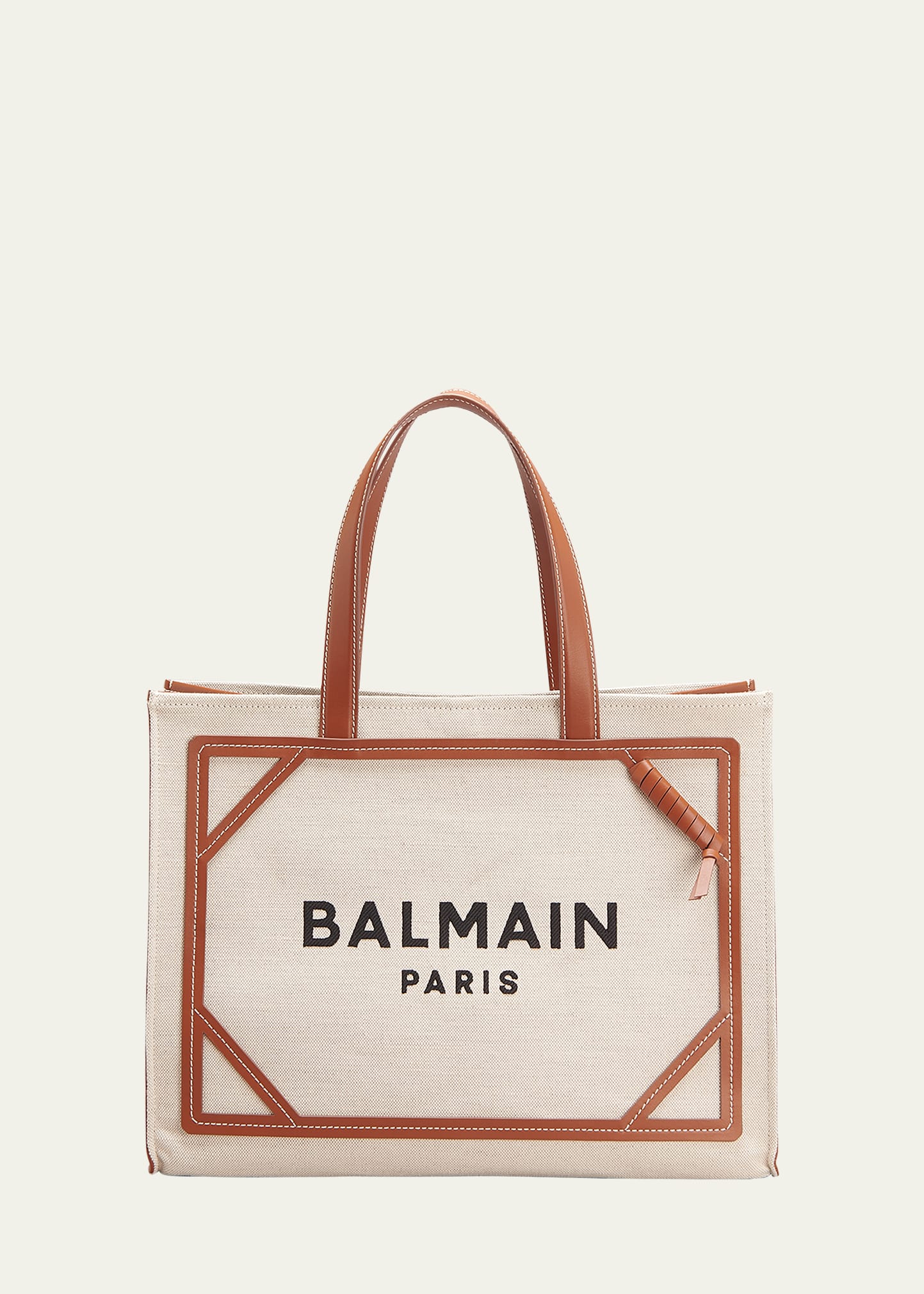 Balmain B Army Medium Shopper Tote Bag In Canvas With Leather Handles In Beige