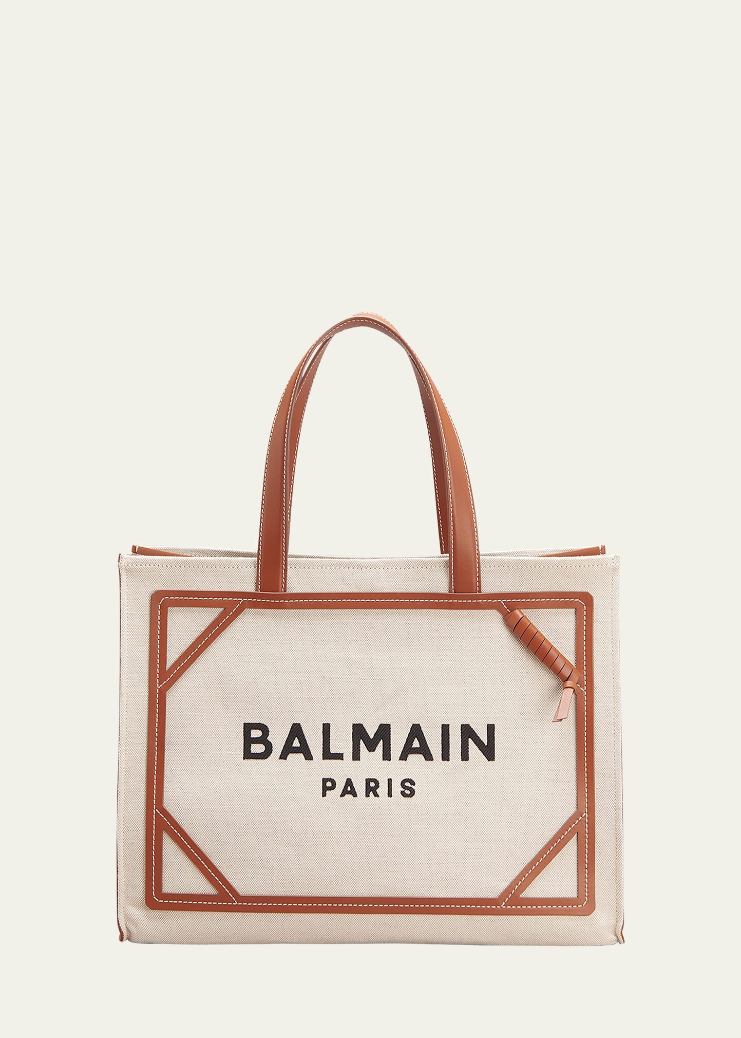 Balmain B Army Medium Shopper Tote Bag In Canvas With Leather Handles In Brown