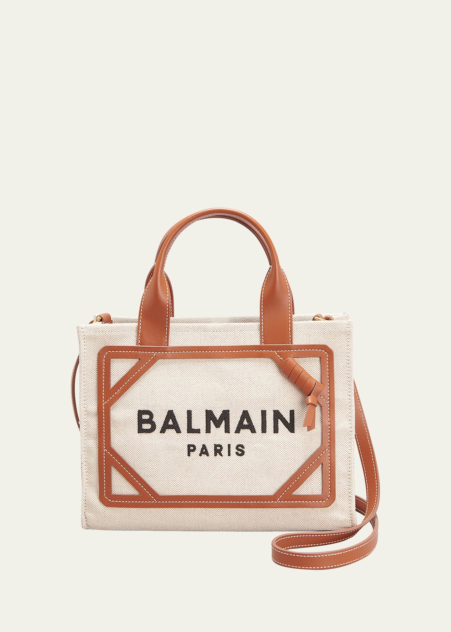 Shop Balmain B Army Small Shopper Tote Bag In Canvas With Leather Handles In Beige